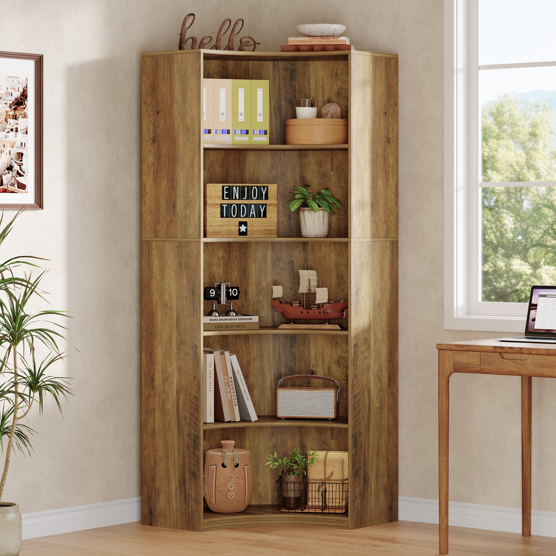 6-Tier Corner Bookshelf, 70.9" Tall Corner Bookcase with Curved Edges