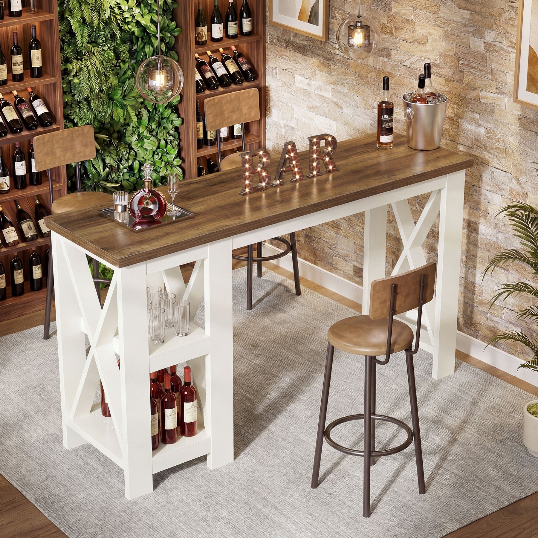 62.2" Bar Table with Storage Shelves, Farmhouse Counter Height Pub Table for Kitchen