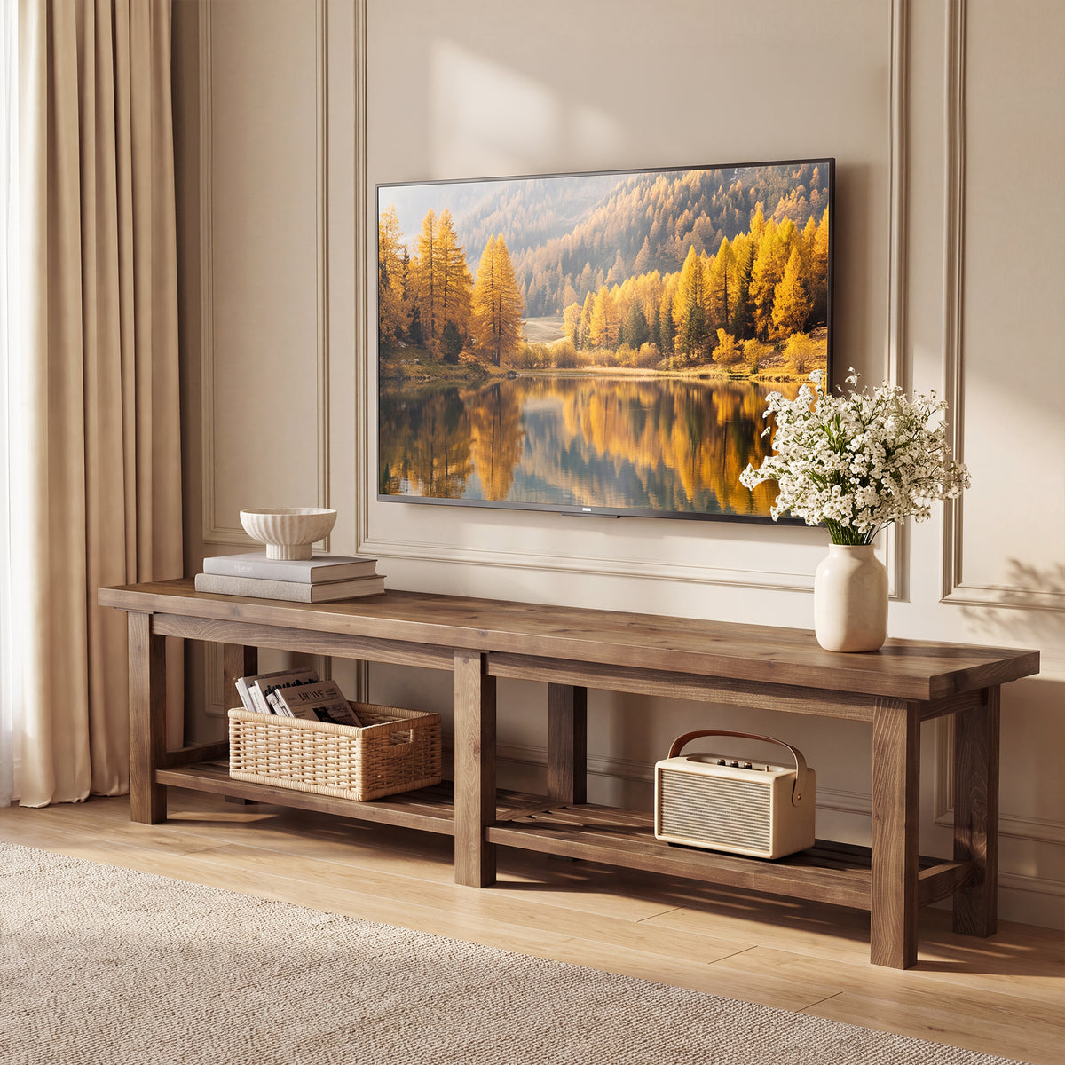71" Solid Wood TV Stand for 80" TVs, 2-Tier Media Console for Living Room