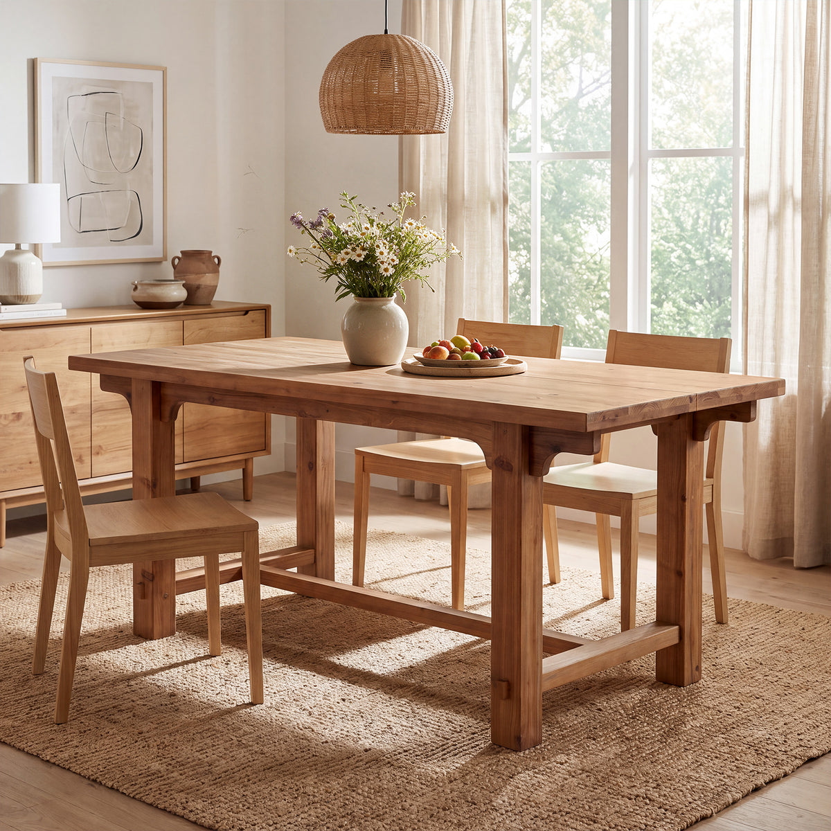 63" Solid Wood Dining Table for 4-6, Rectangular Kitchen Table with Thick Trestle Legs
