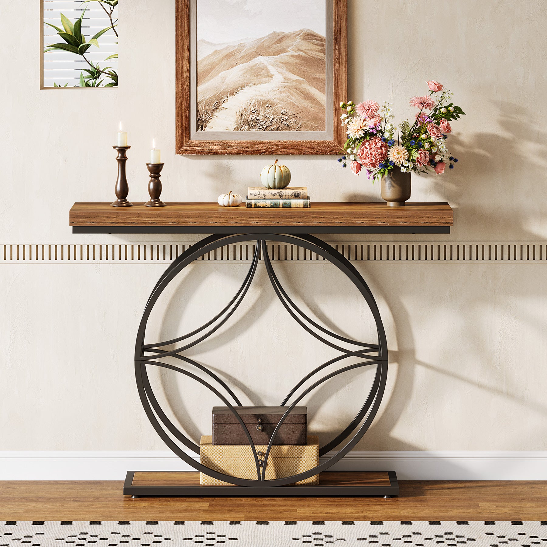 47" Console Table, Industrial 2-Tier Sofa Table with Geometric Metal Frame