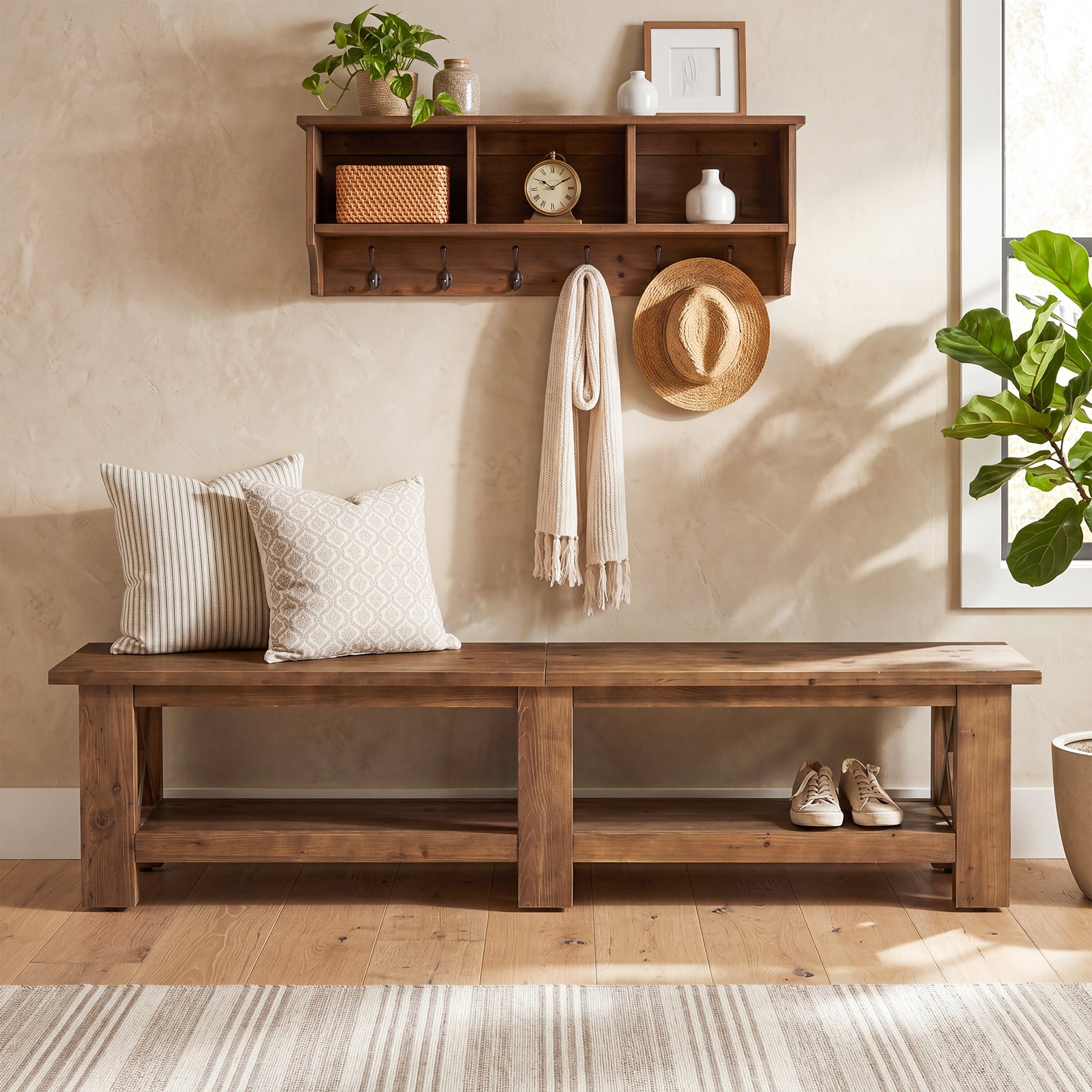 70.87" Solid Wood Entryway Shoe Bench, Farmhouse End of Bed Bench with Storage