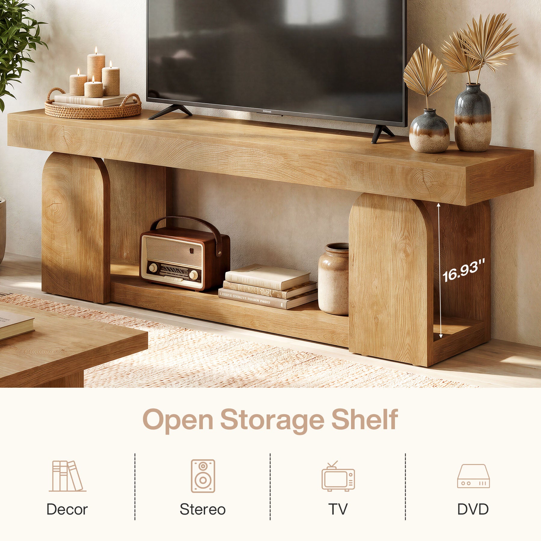 63" Farmhouse TV Stand for TVs up to 75", Wooden Entertainment Center with Open Storage Shelf