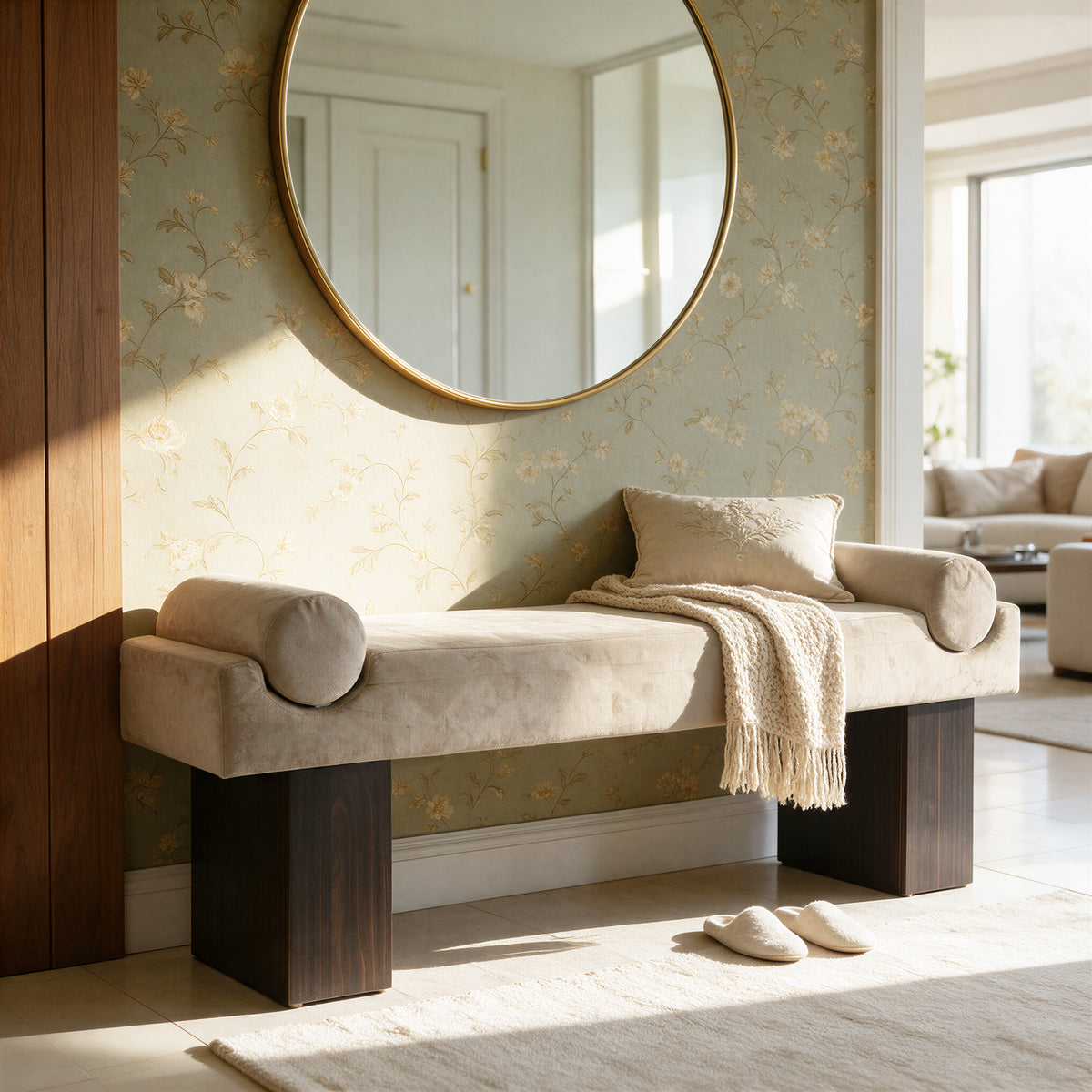 55.3" Upholstered Entryway Shoe Bench, Padded End of Bed Bench with Roll Arms