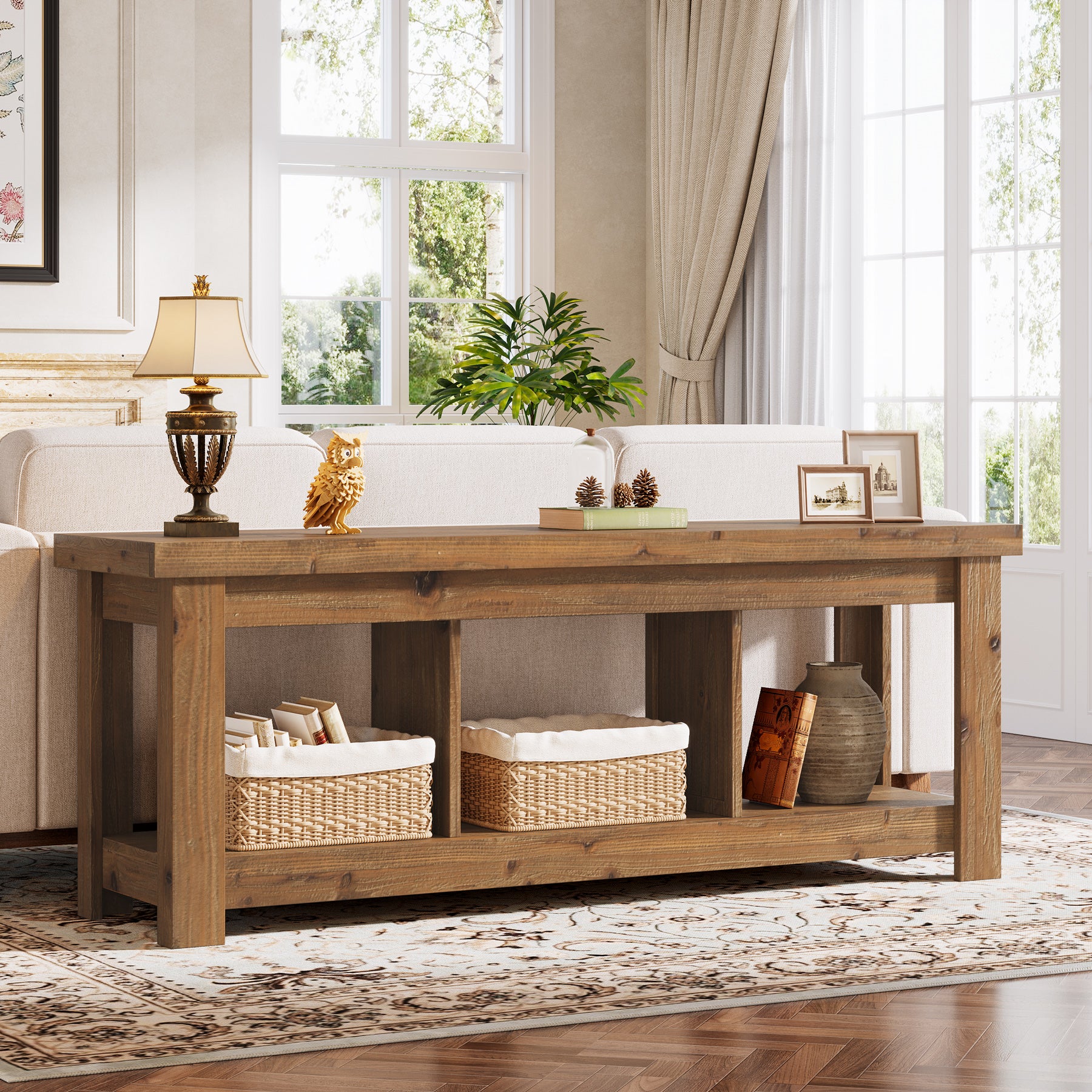 Solid Wood Console Table, 63" Sofa Entryway Table With 3 Open Shelves