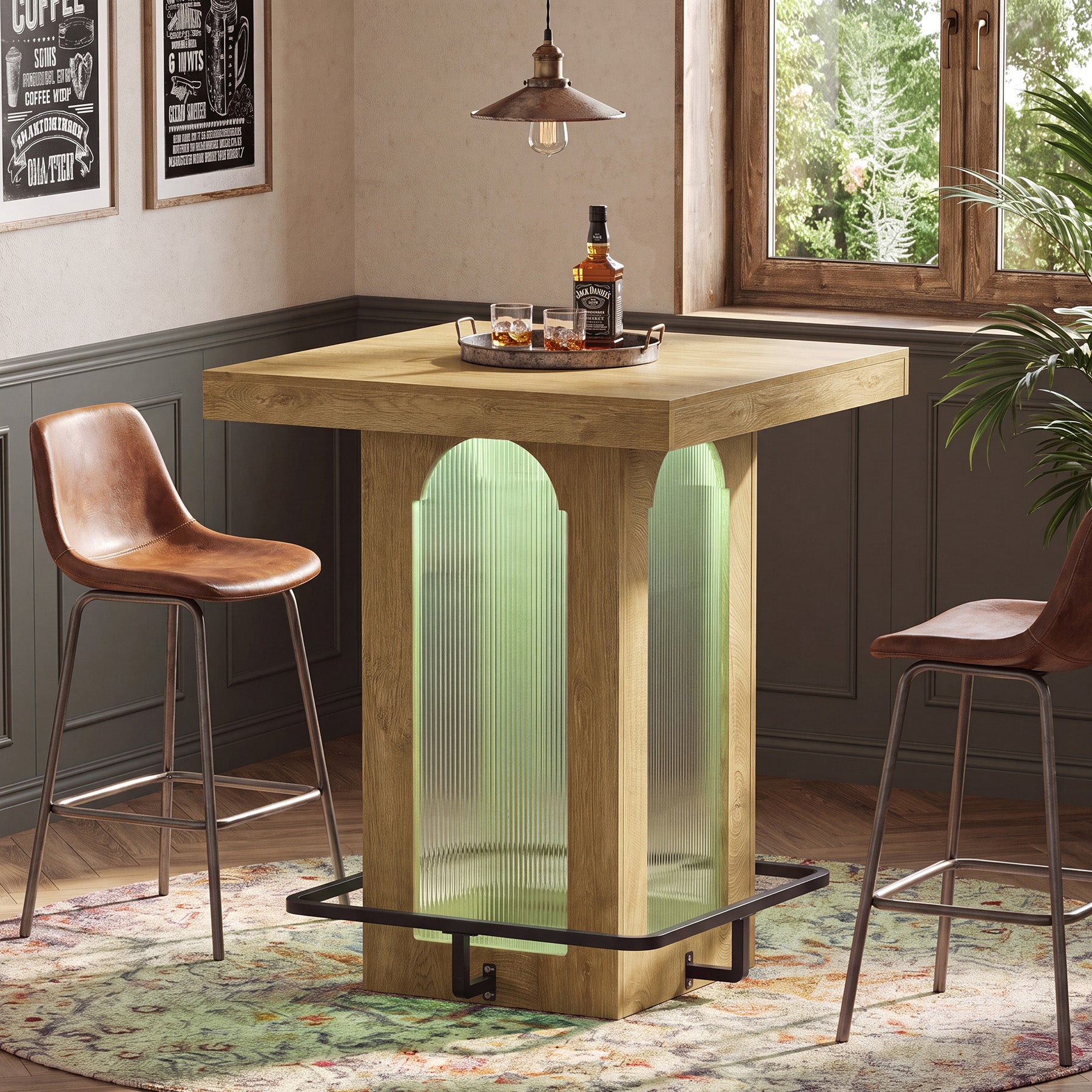 31.5" Square Bar Table, High Top Cocktail Pub Table with Led Lights for 2-4 People