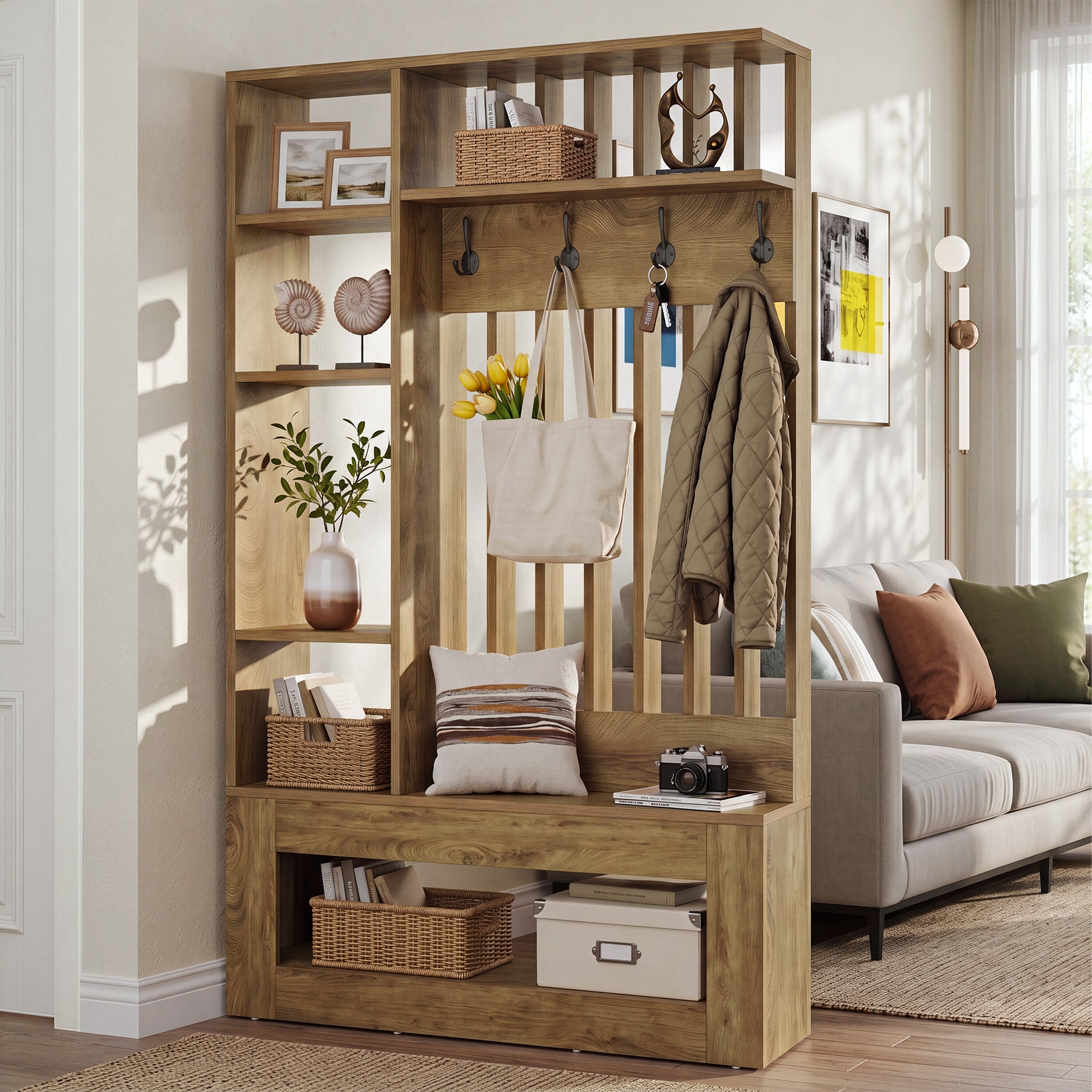 70.8"H Wall Room Divider, Freestanding Room Partition with Shelves and Coat Hooks