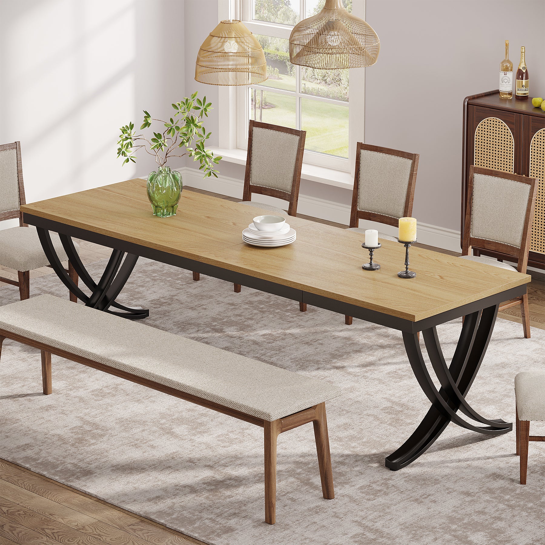 Rectangular Dining Table for 6-8, 78" Farmhouse Dinner Table with Metal Legs