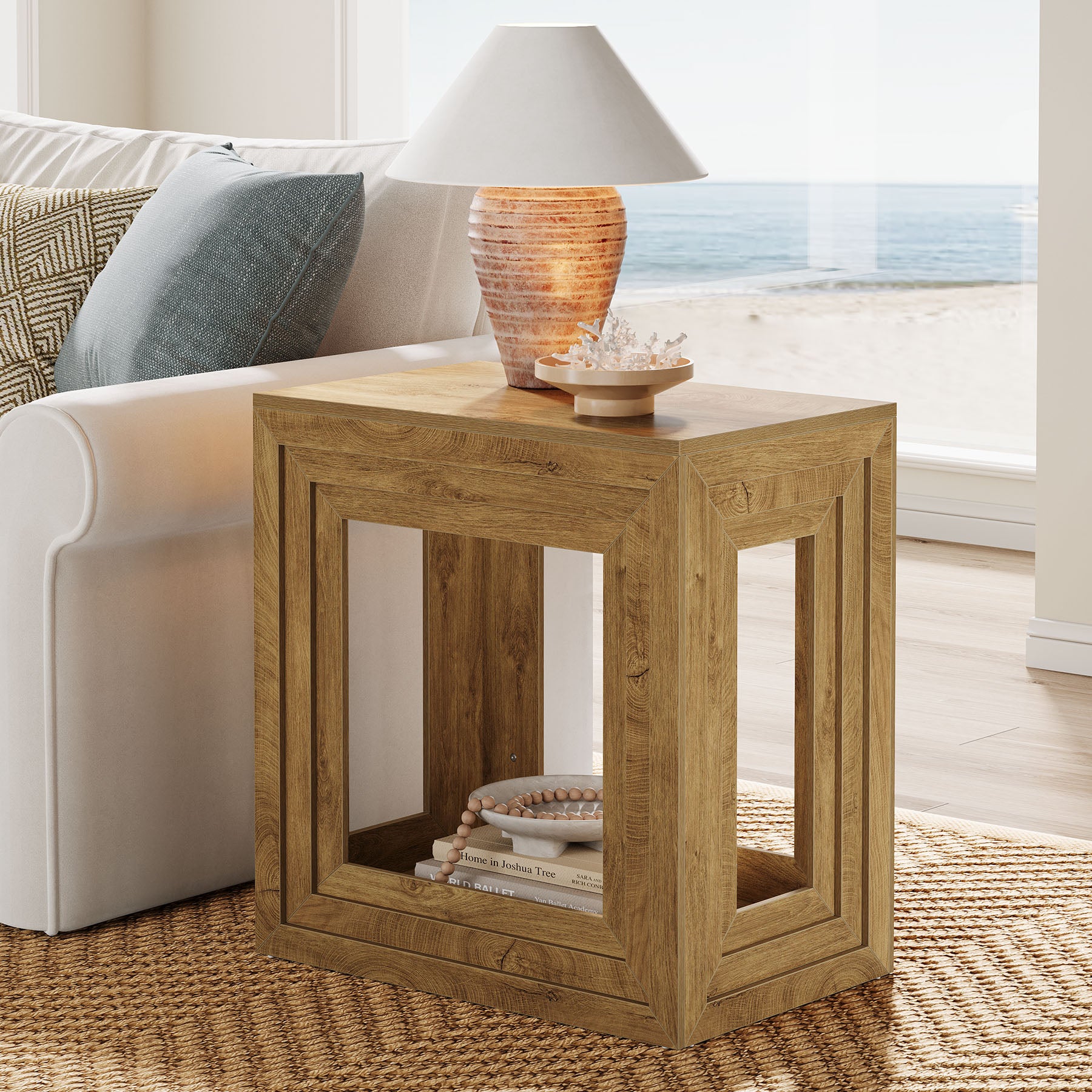 24” Square End Table, Farmhouse Side Table with 2-Tier Storage