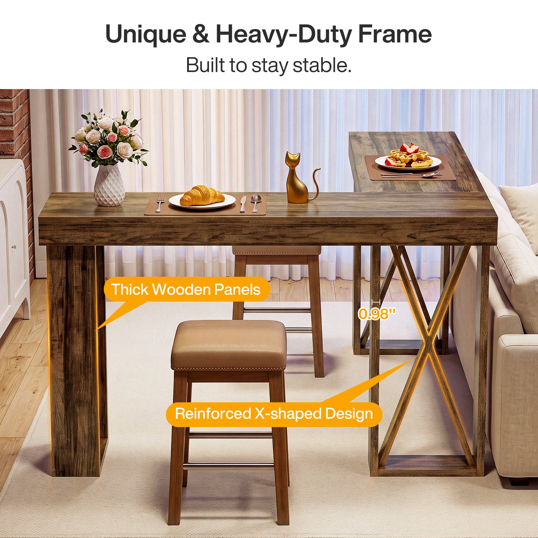 L-Shaped Bar Table, 63" x 55" High Top Corner Dining Table Pub Table with X-Cutout Leg