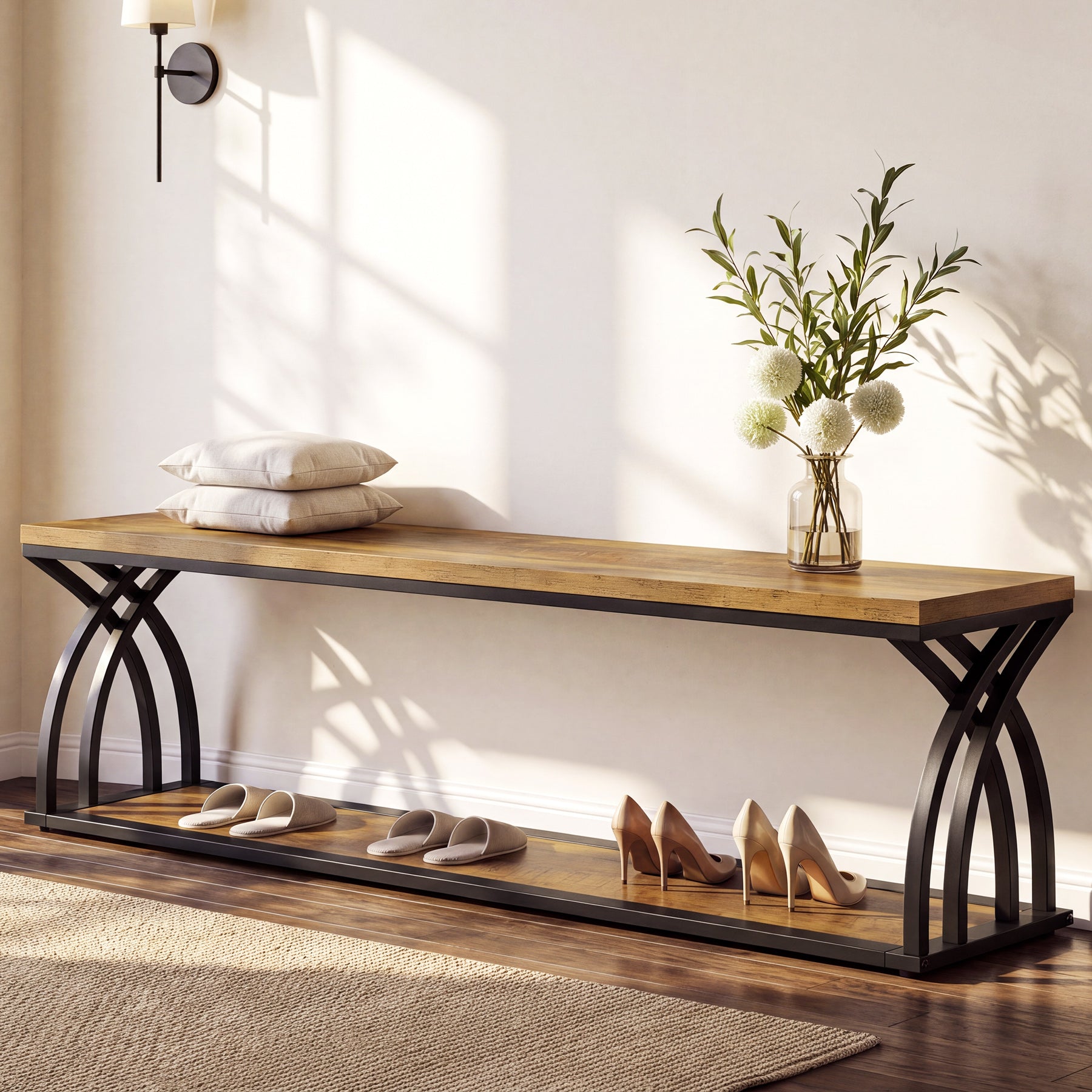 55" Industrial Entryway Bench with Shoe Storage, 2-Tier End of Bed Bench, Hallway