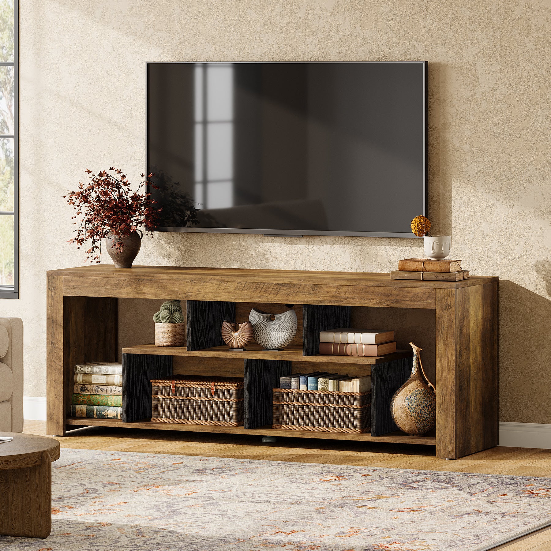63-Inch TV Stand for 65–75 Inch TV, Rustic Wooden Media Console with Storage Shelves