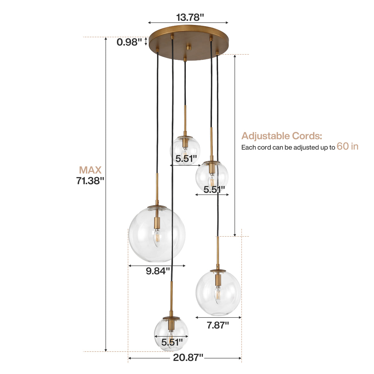 5-Light Modern Globe Pendant Light, Gold Chandelier with Adjustable Cords