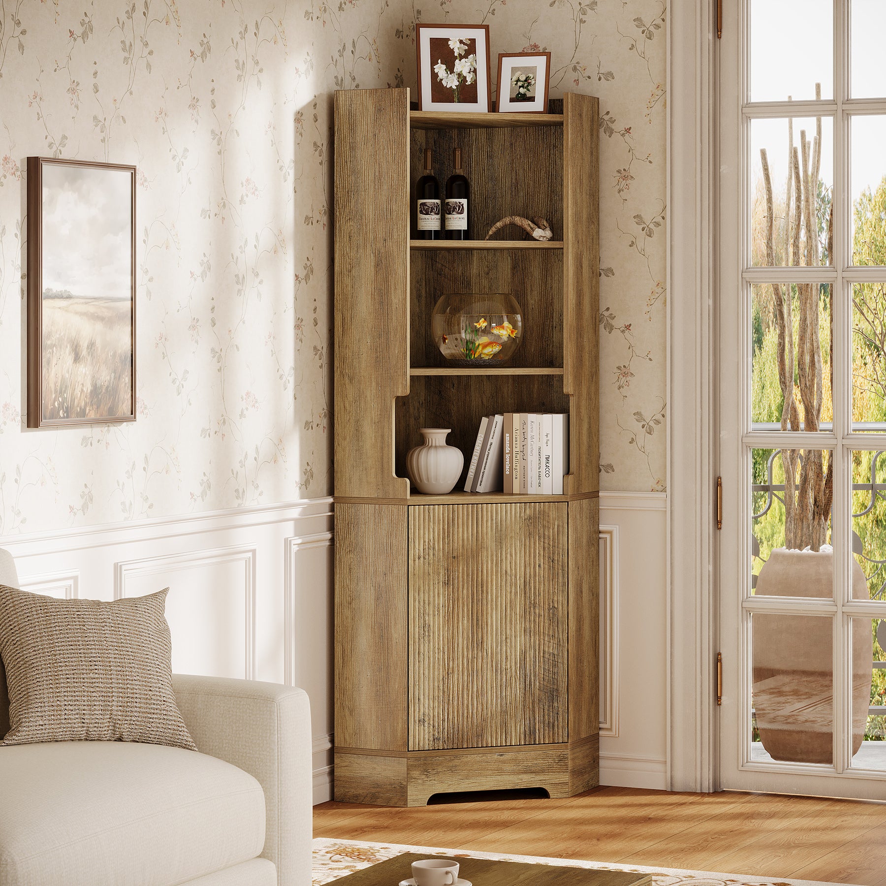 69" Corner Bookcase, Farmhouse Book Shelf with Cabinet