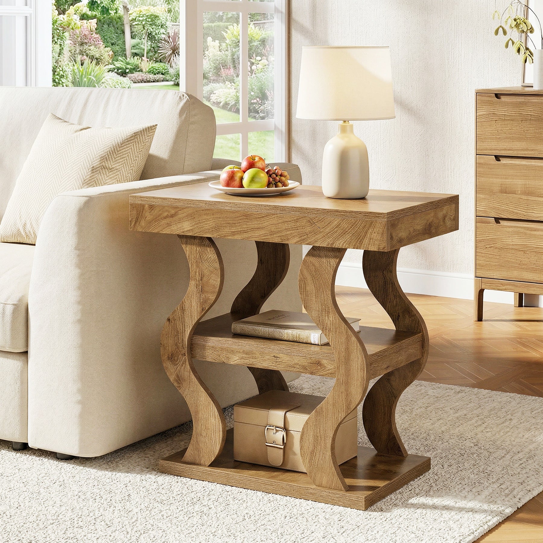 Tribesigns 3-Tier Wooden side Table, Skinny Small Nightstand for Living Room with Storage Shelf