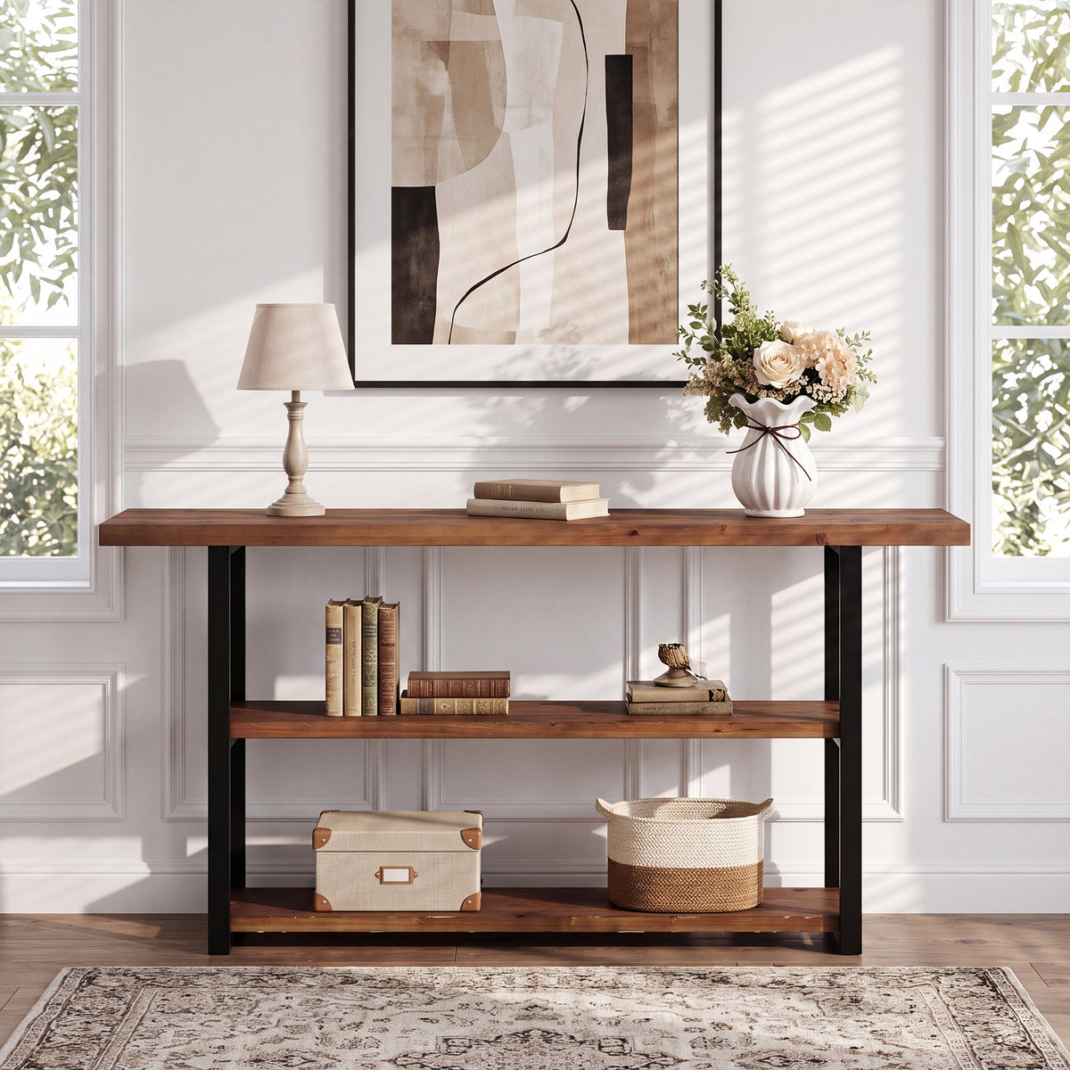 63" Solid Wood Console Table, 3-Tier Narrow Behind Couch Sofa Table, Entryway