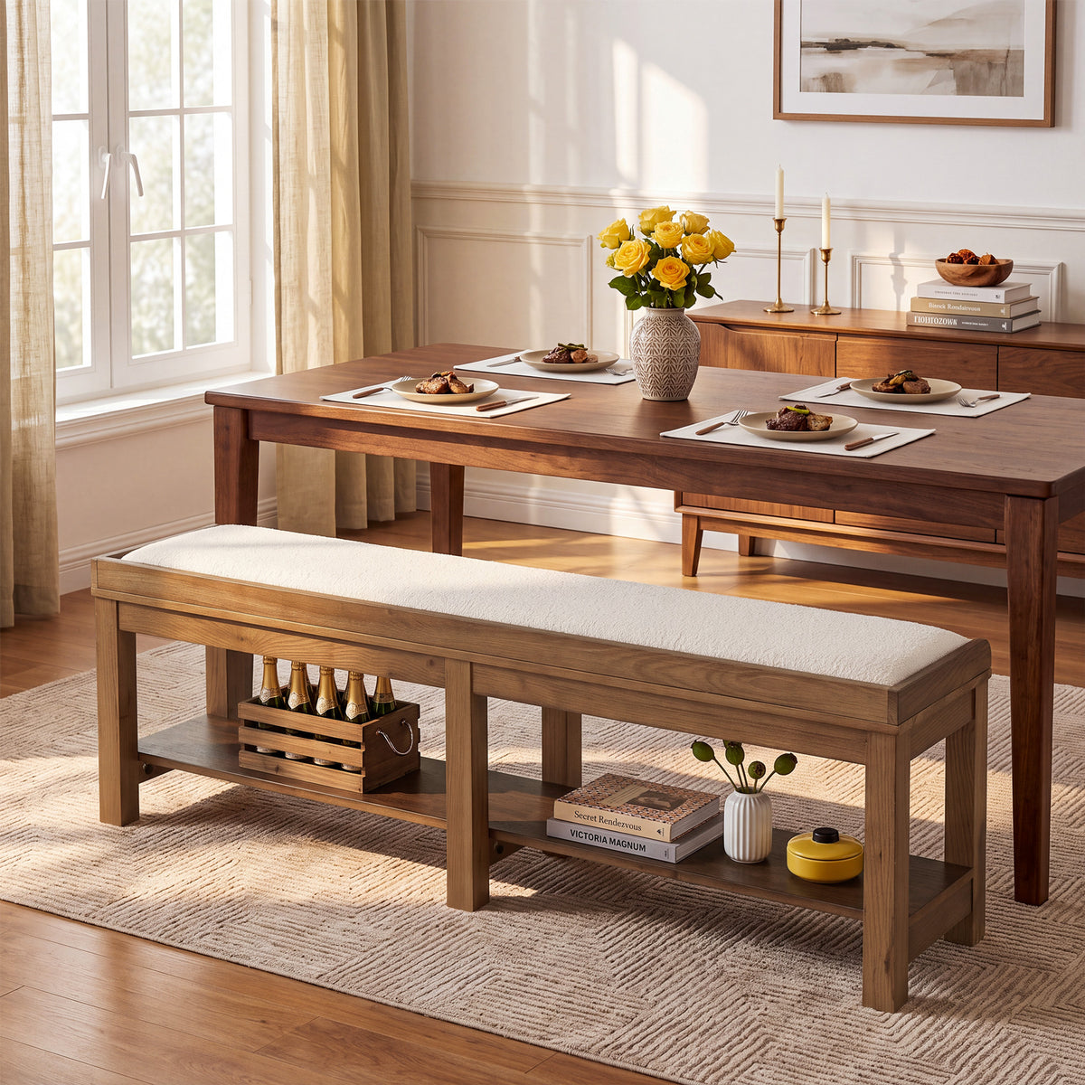 63" Solid Wood Dining Bench, Upholstered Kitchen Bench with Lower shelf