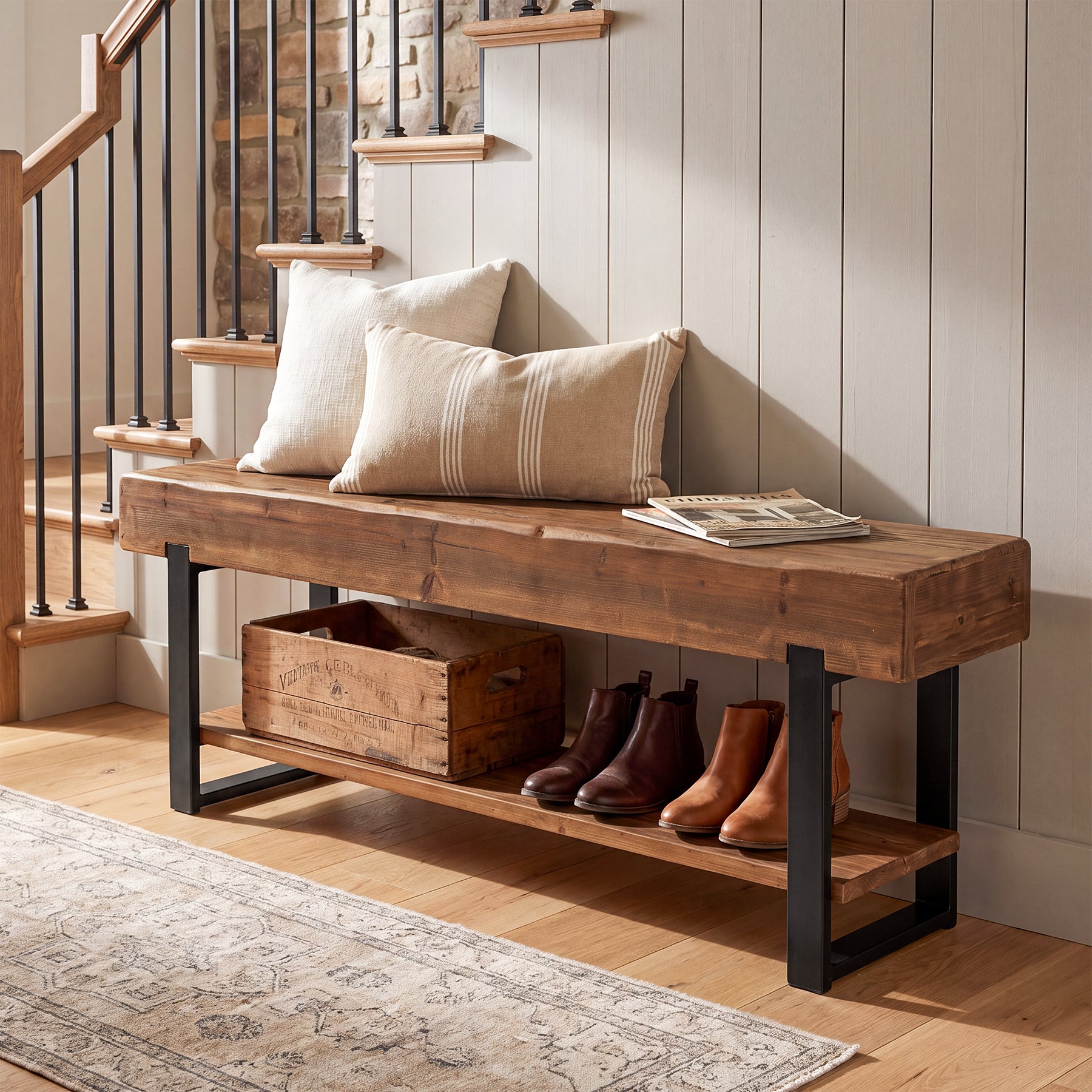 63" Solid Wood Entryway Bench, 2-Tier Shoe Storage Bench with Metal Frame