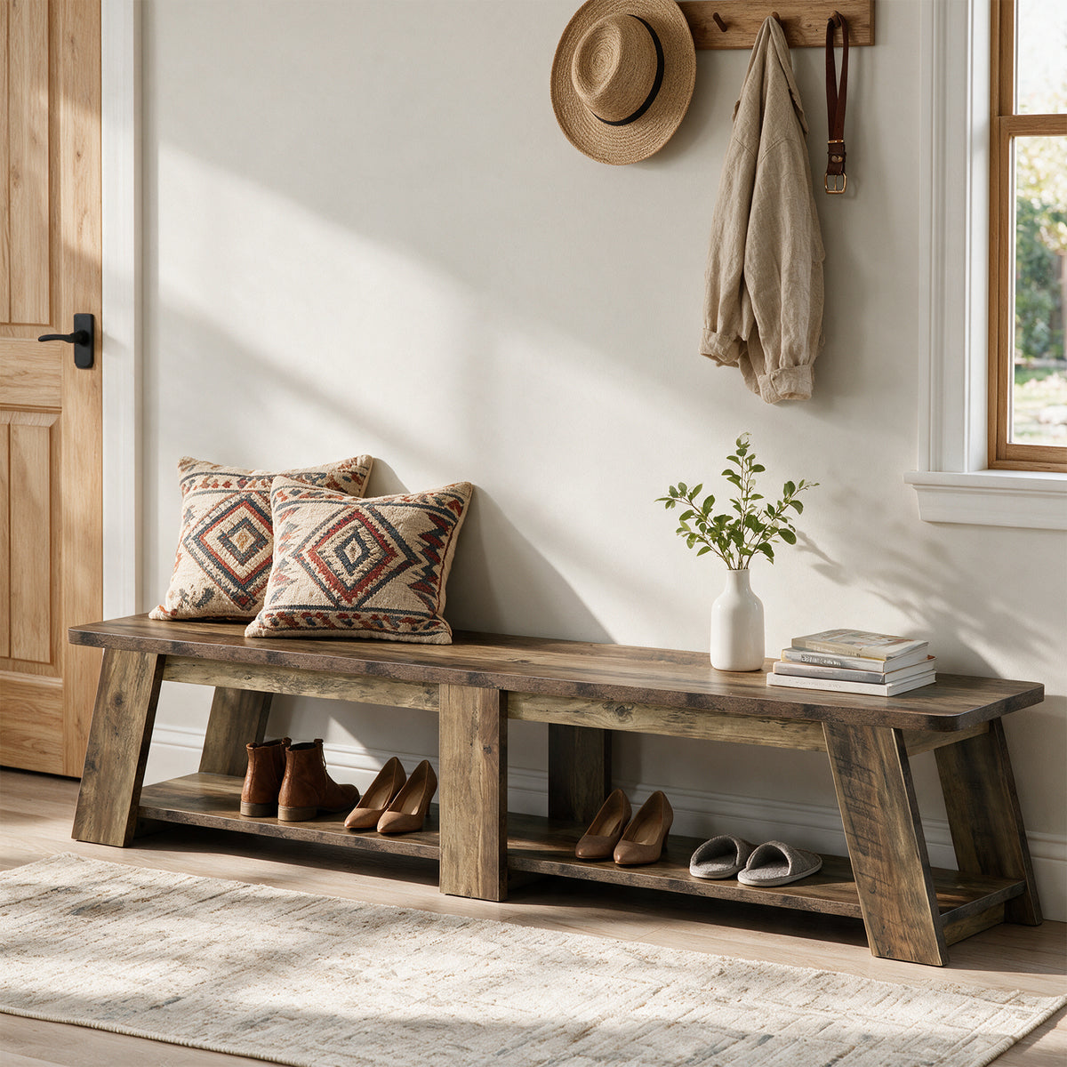 71" Entryway Bench, 2-Tier Shoe Bench with Trapezoid-Style Legs for Hallway