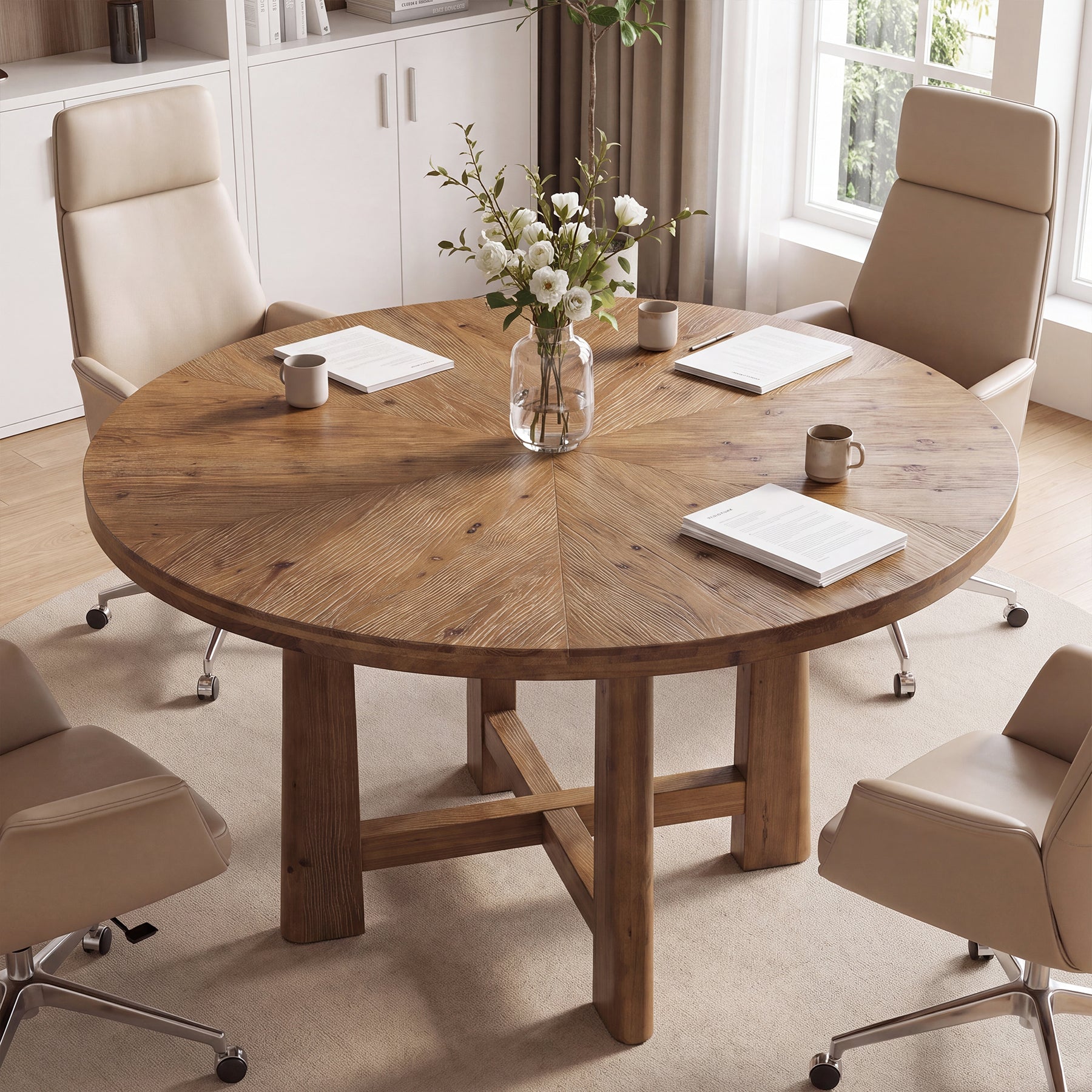 47" Round Conference Table for 4-6, Solid Wood Farmhouse Meeting Room, Home Office