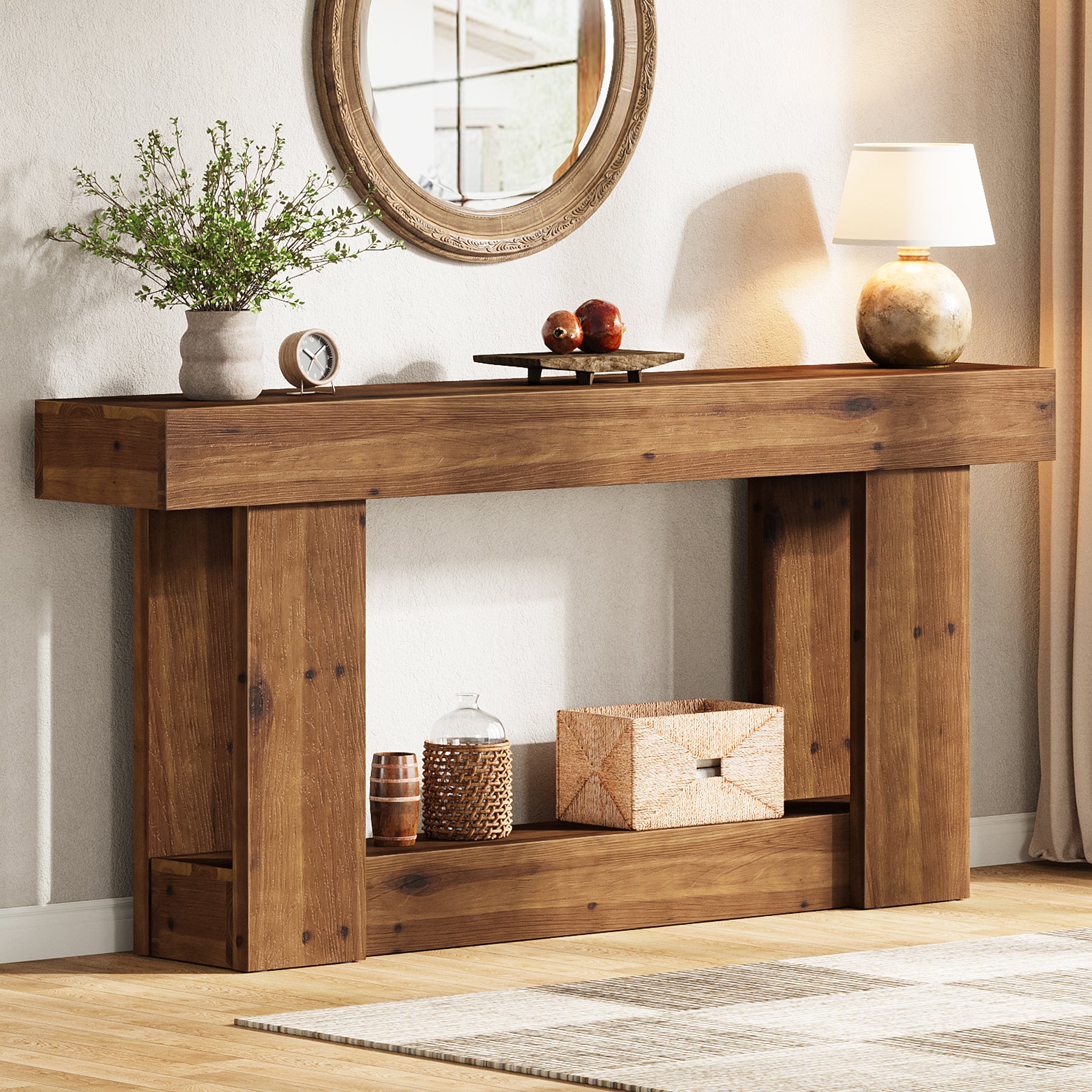 2-Tier Solid Wood Console Table, 63" Entryway Table with U-Shaped Base