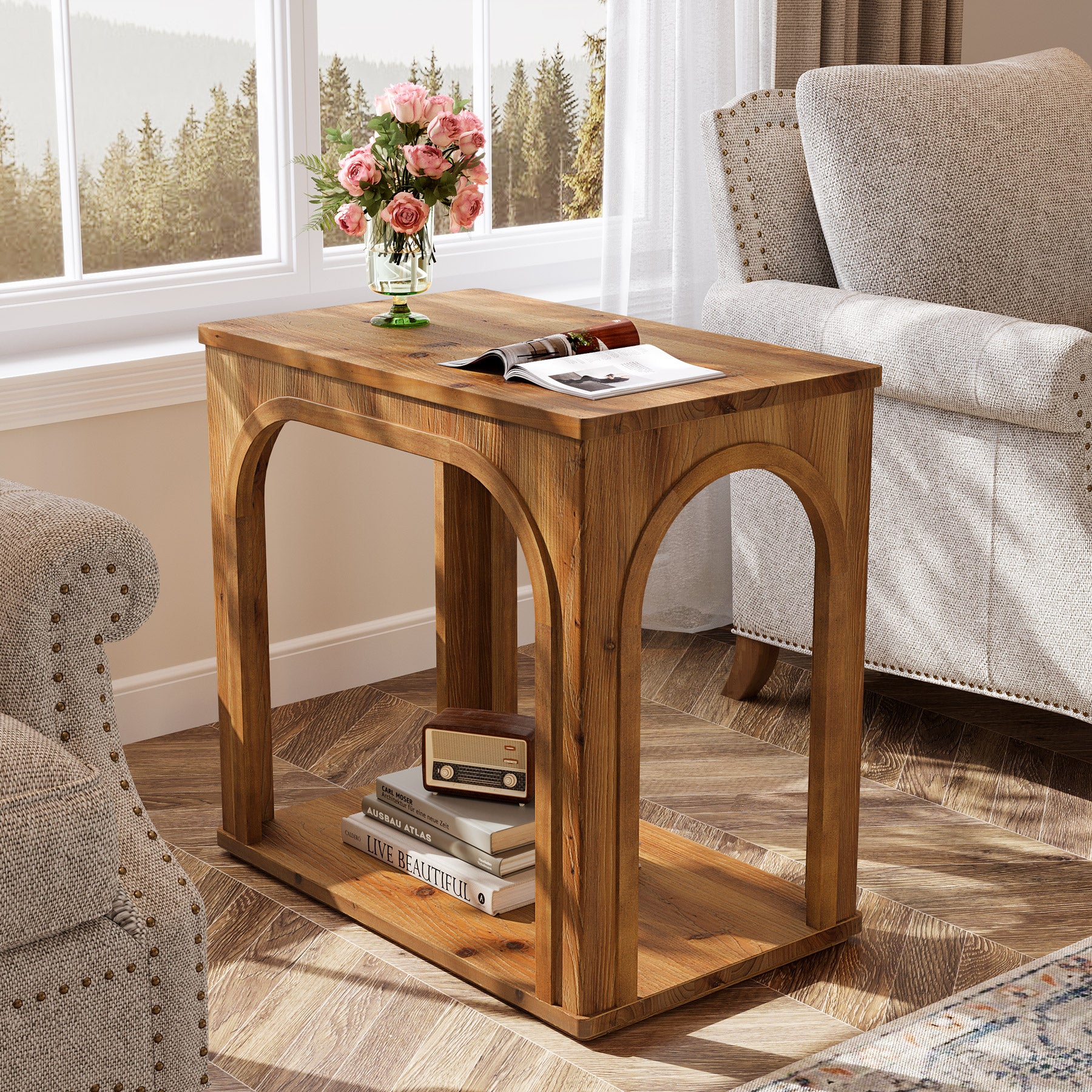 25" Farmhouse Side Table, 2-Tier Solid Wood End Table with Shelf
