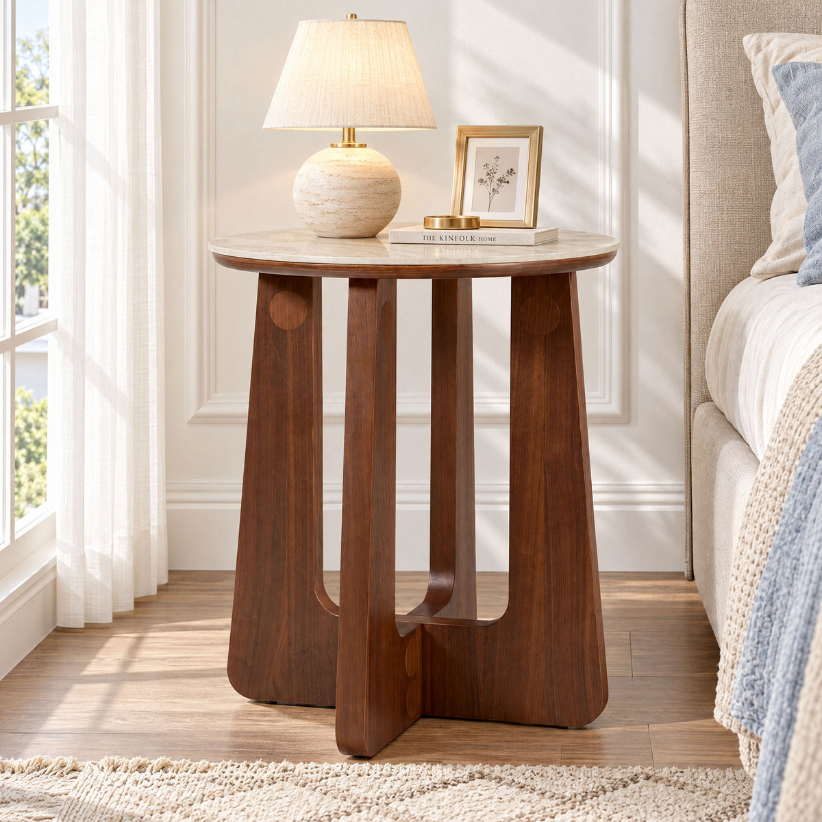 Round Sintered Stone Nightstand with Solid Wood Base, Mid-Century Modern Bedside Table