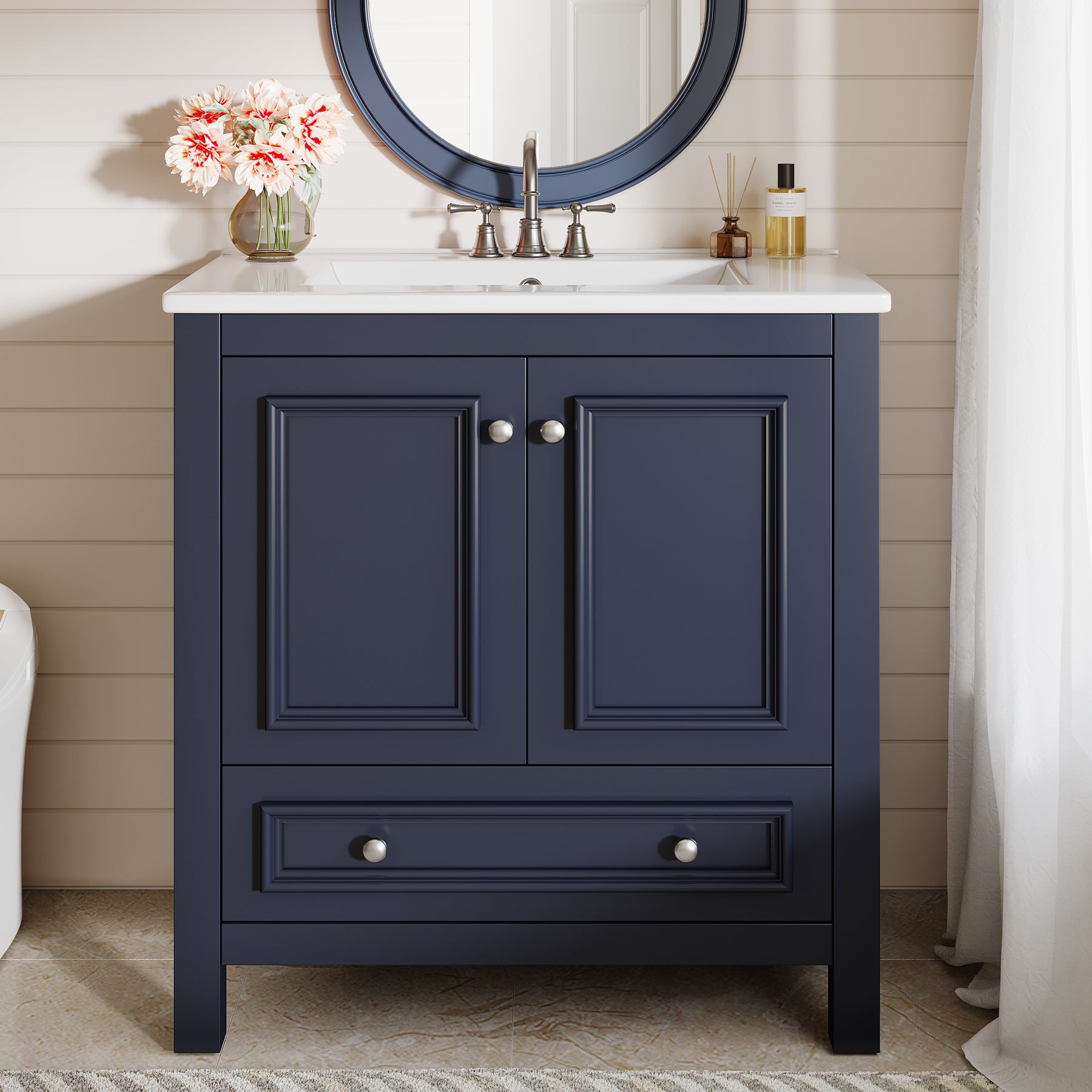 Modern Bathroom Vanity, Vanity Cabinet with Ceramic Basin and 1 Drawer