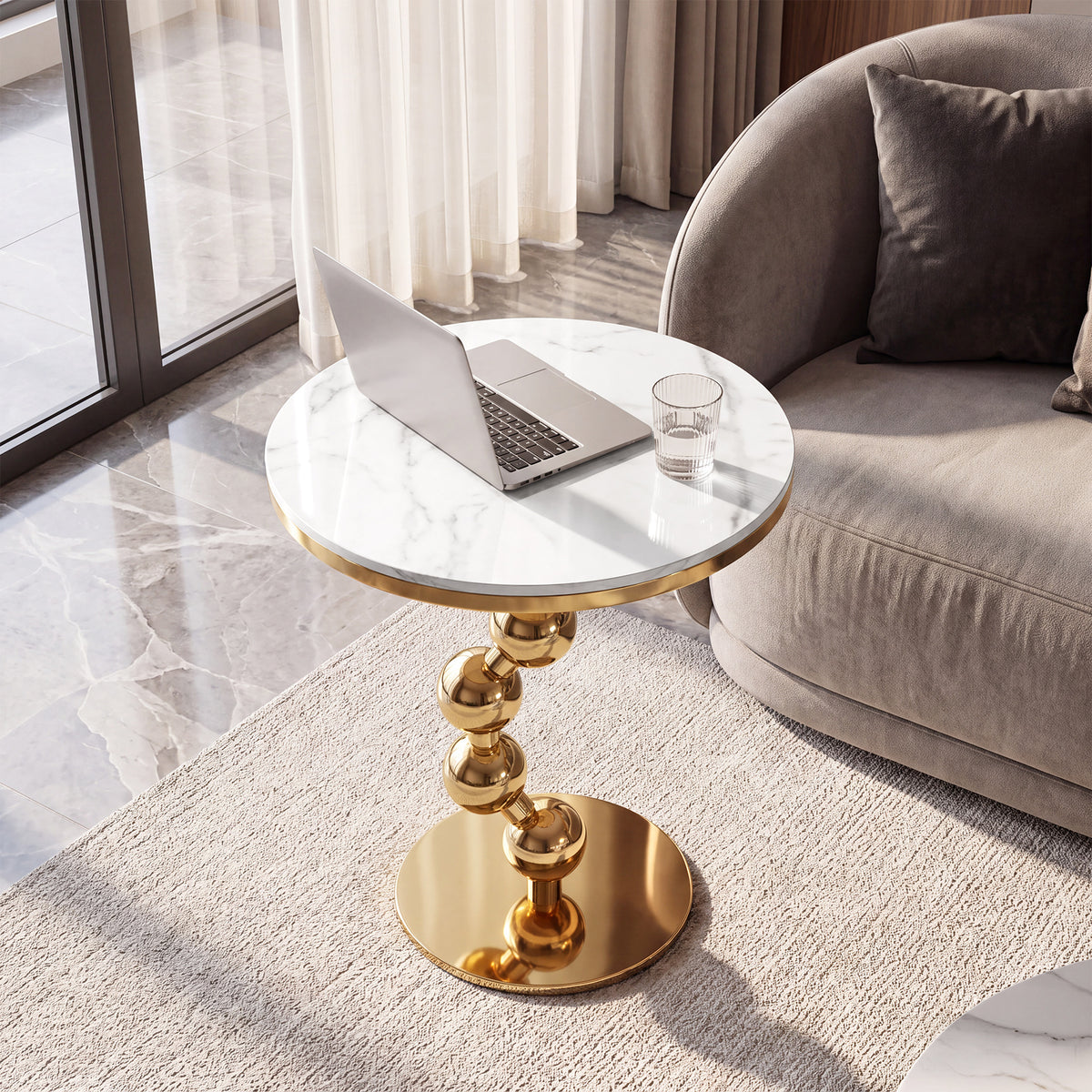 Sintered Stone Round End Table, Modern Stacked Ball Side Table for Living Room