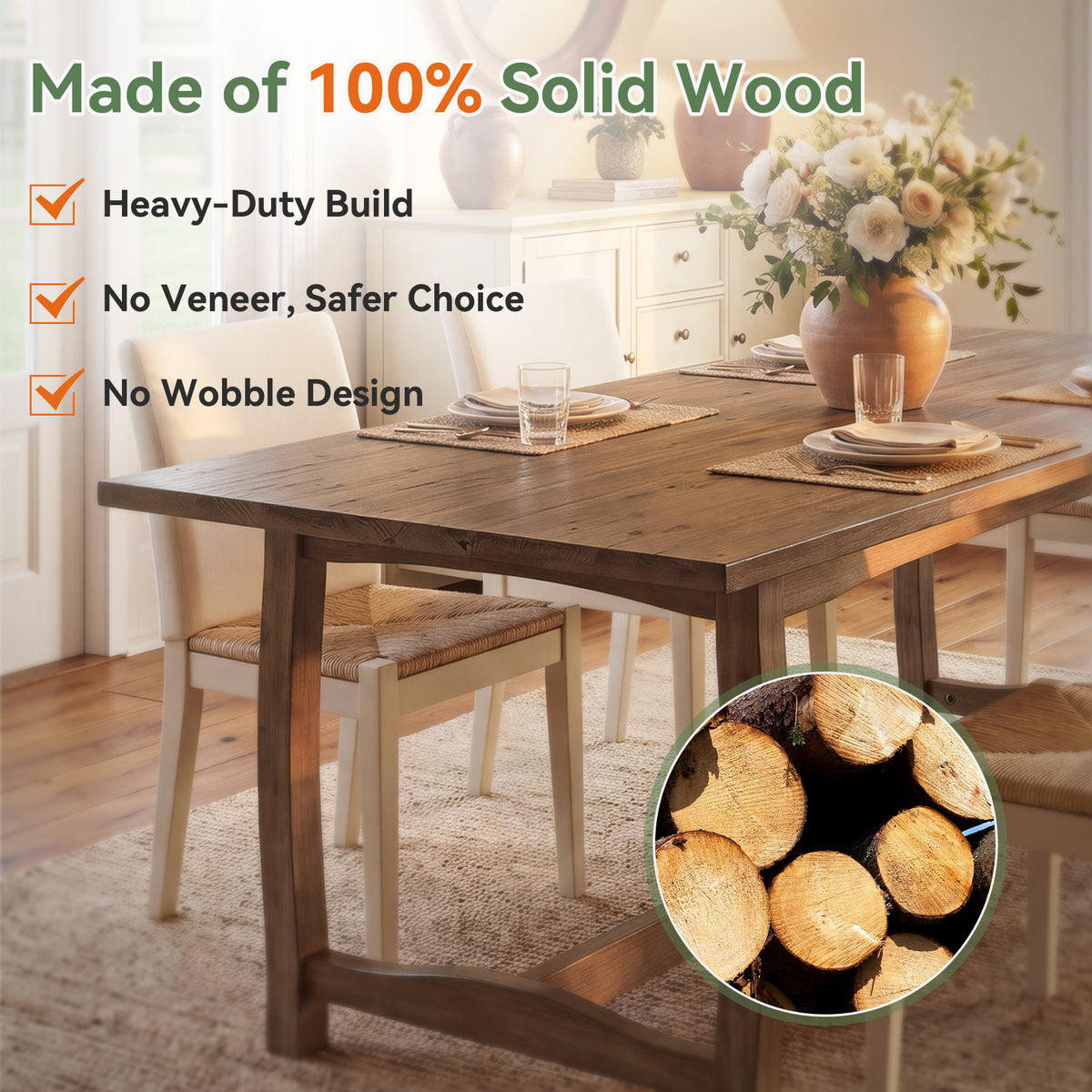 63" Solid Wood Dining Table for 4-6, Rectangle Kitchen Table with Reinforced Trestle Base