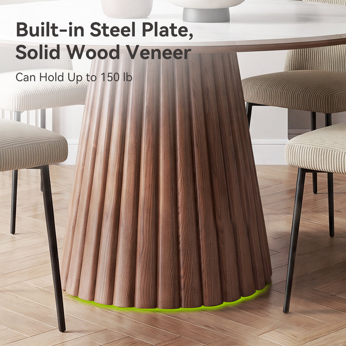 Round Sintered Stone Dining Table for 4 People, 47" Kitchen Table with Fluted Conical Pedestal