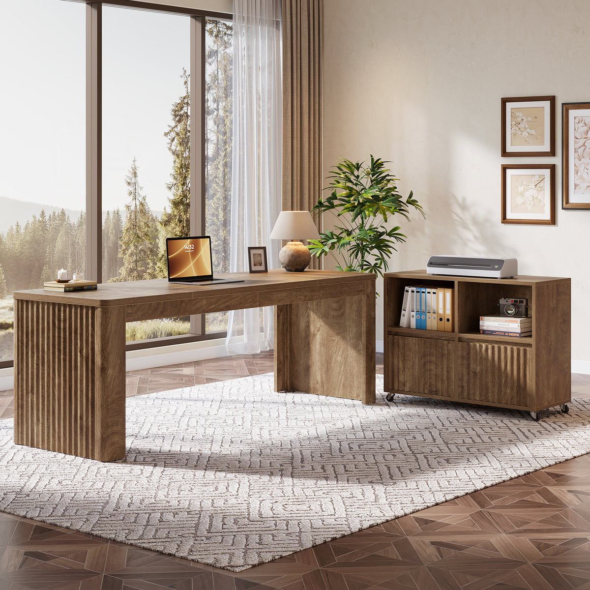 79" L-Shaped Executive Desk with Mobile File Cabinet, Modern Home Office Desk