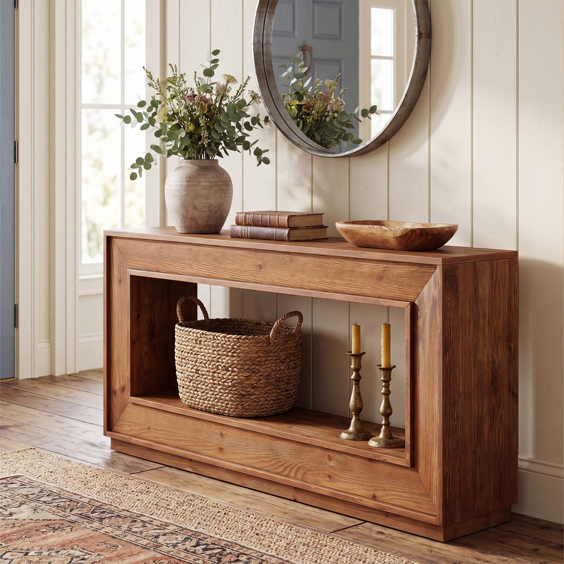 63" Solid Wood Console Table, Farmhouse Entryway Table with Storage for Living Room