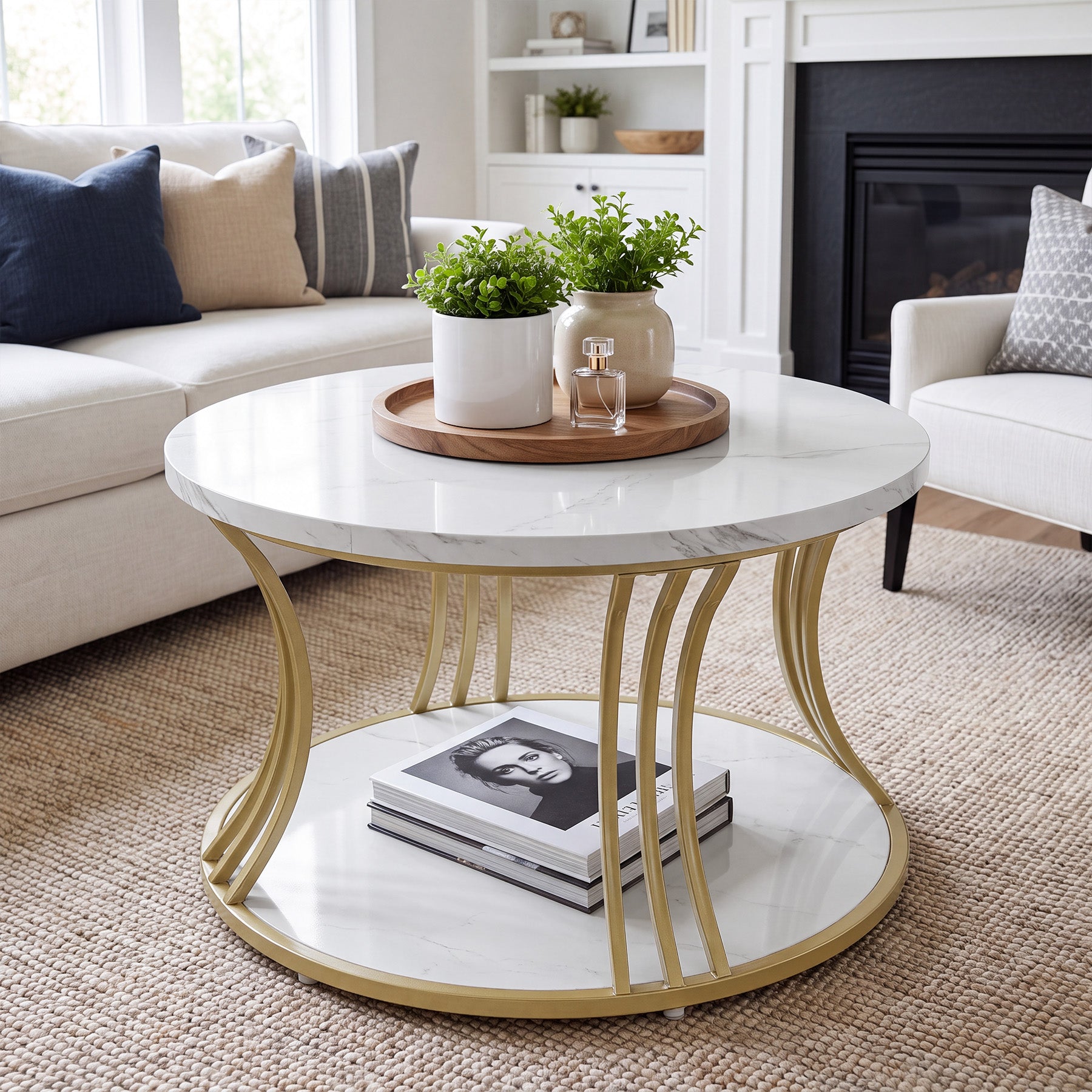 31.5" Round Coffee Table, 2-Tier Modern Faux Marble Center Cocktail Table