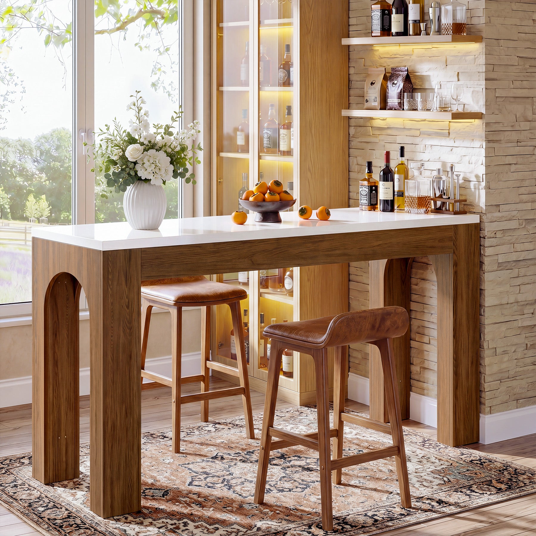 63" Modern Bar Table, Rectangular Counter Height Pub Table with Arched Leg