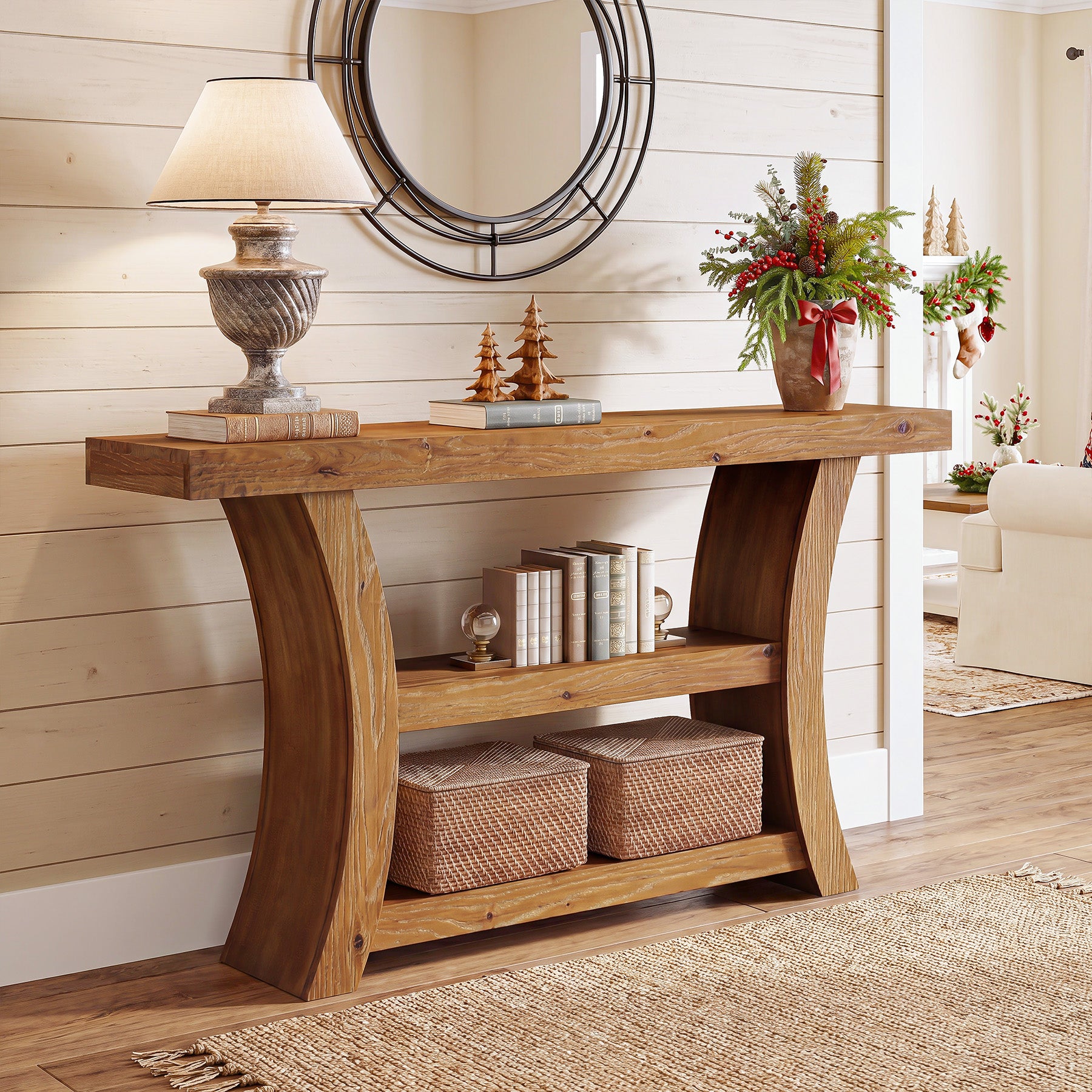 55" Solid Wood Console Table, 3-Tier Entryway Sofa Table with Open Shelves for Entrance