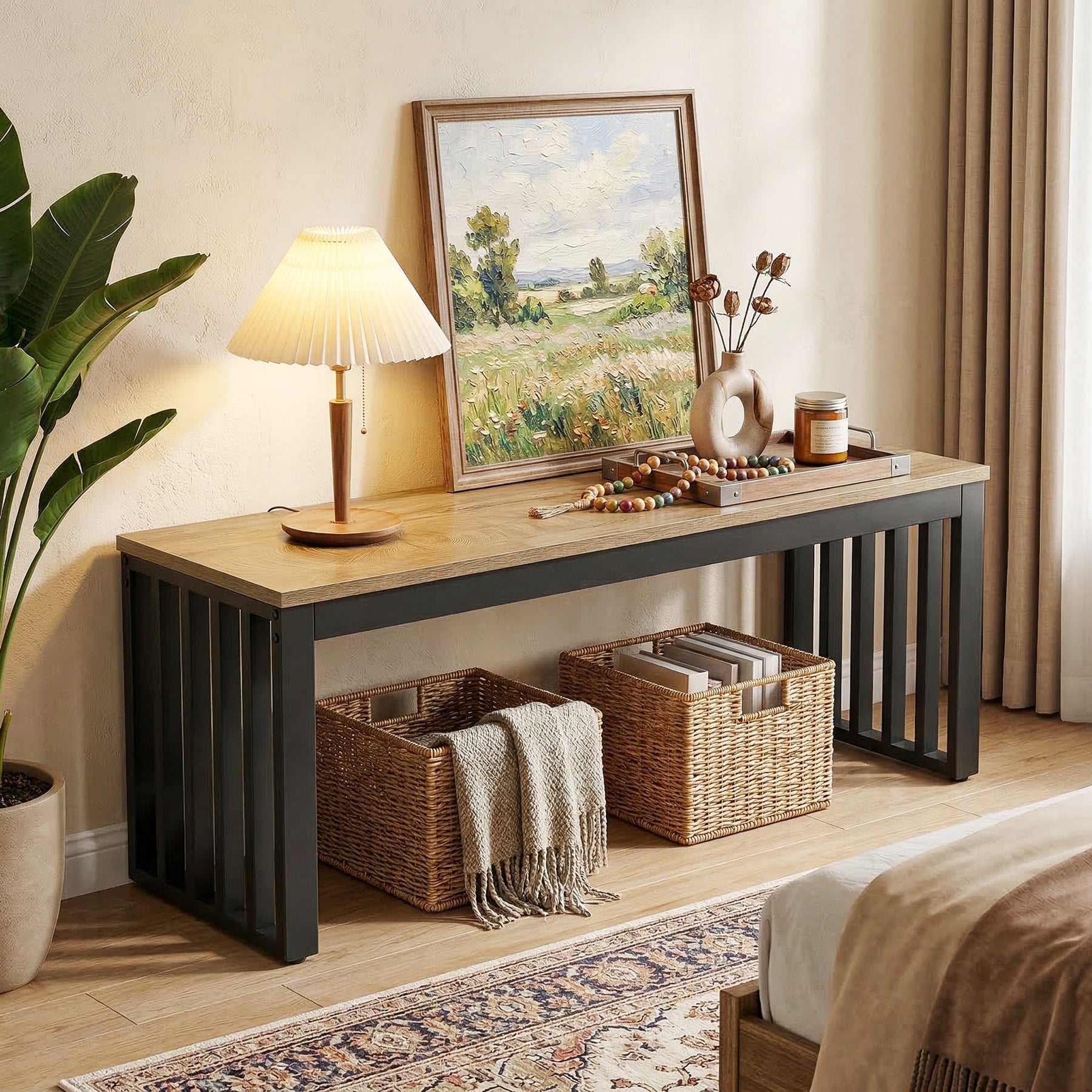 47.3" Entryway Bench, Wooden End of Bed Bench with Sturdy Metal Frame