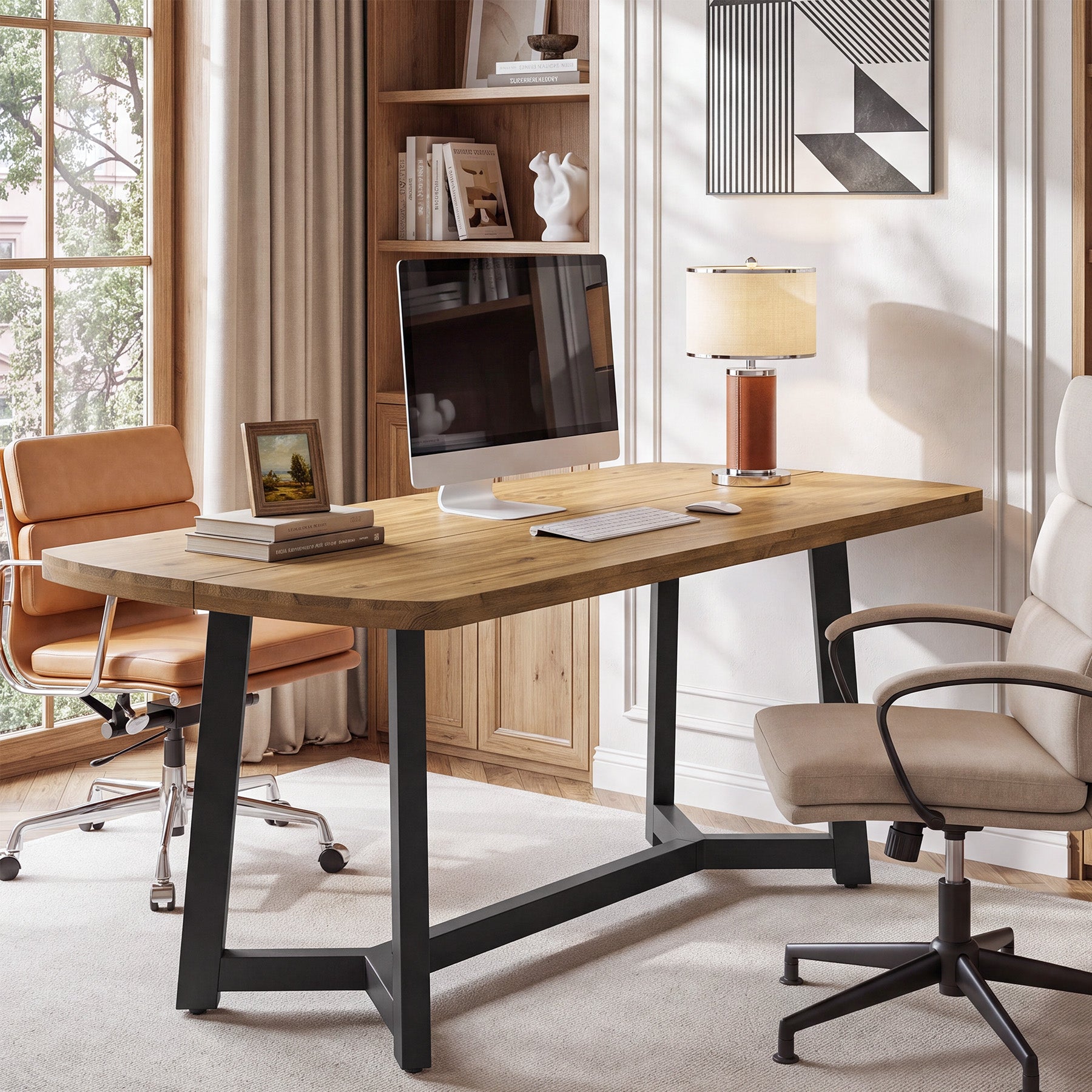63" Modern Executive Desk, Solid Pine Wood Computer Desk for Home Office