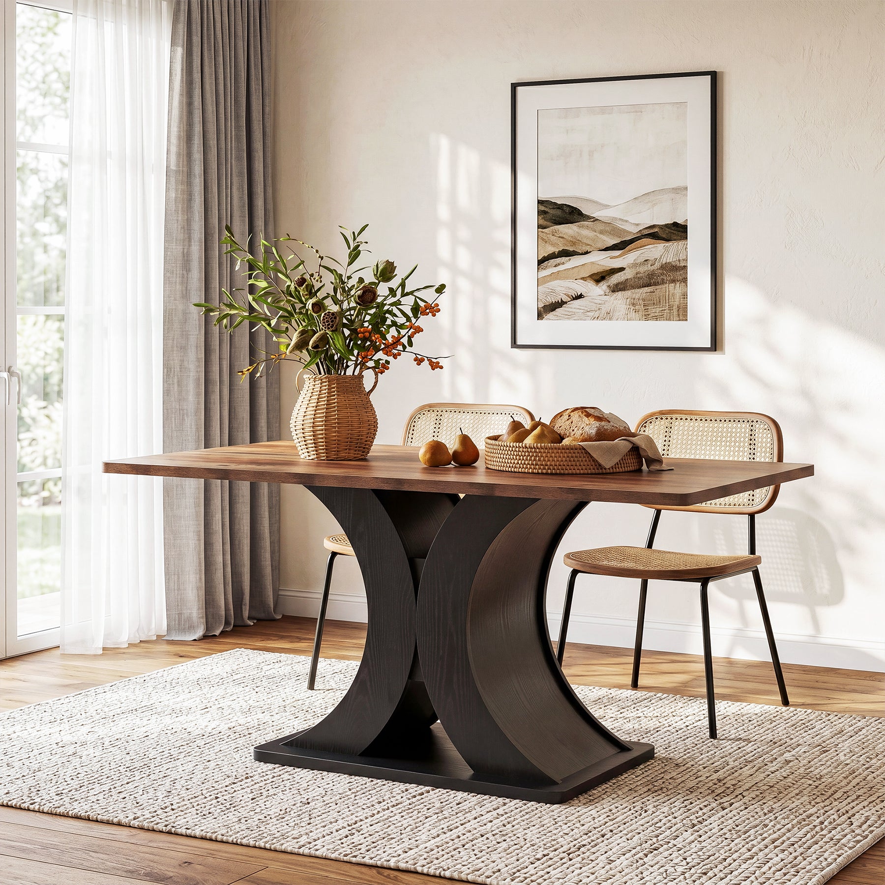 55-Inch Dining Table for 4-6, Farmhouse Wooden Table with Pedestal Base for Kitchen Dining Room