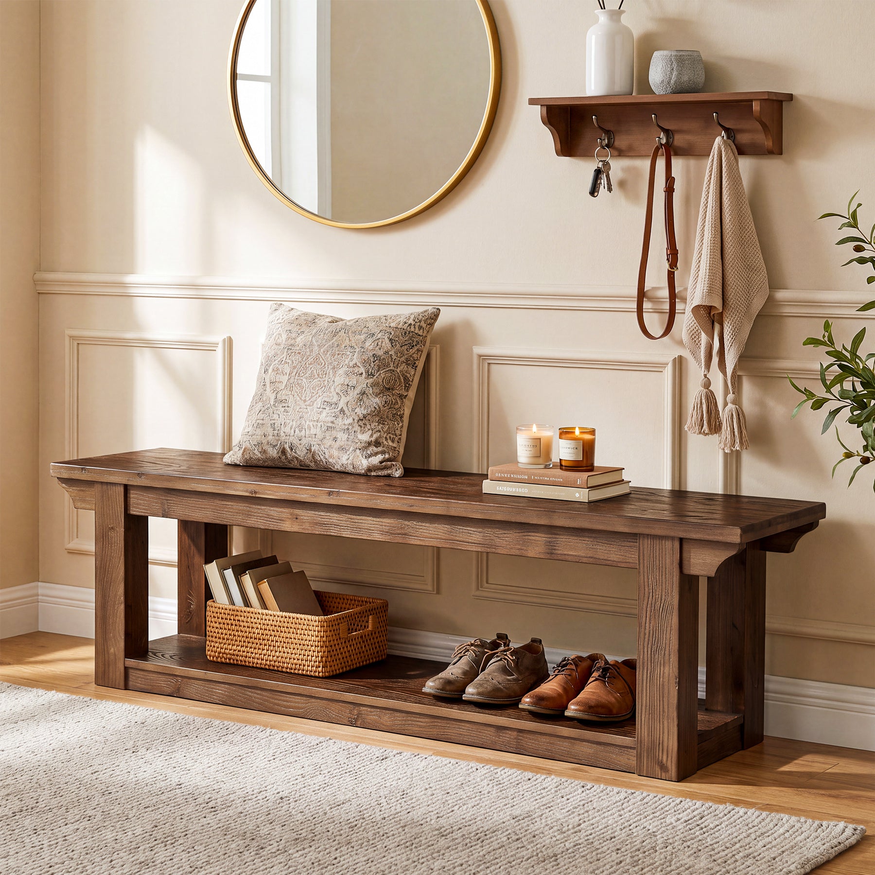 63" Entryway Shoe Storage Bench, Farmhouse Solid Wood 2-Tier, Hallway Bedroom