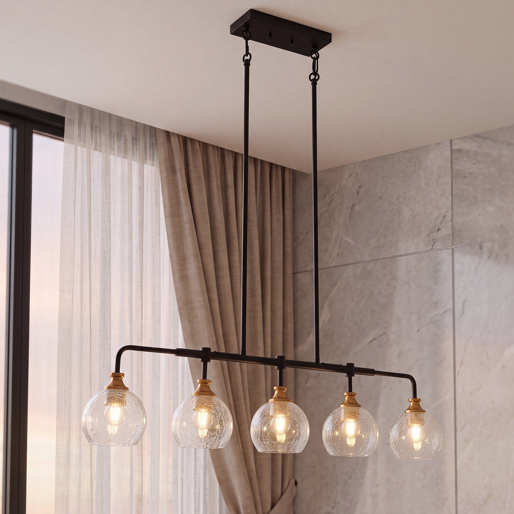 5-Light Pendant Lights, Kitchen Island Chandelier with Clear Crackle Glass Shades & Adjustable Height