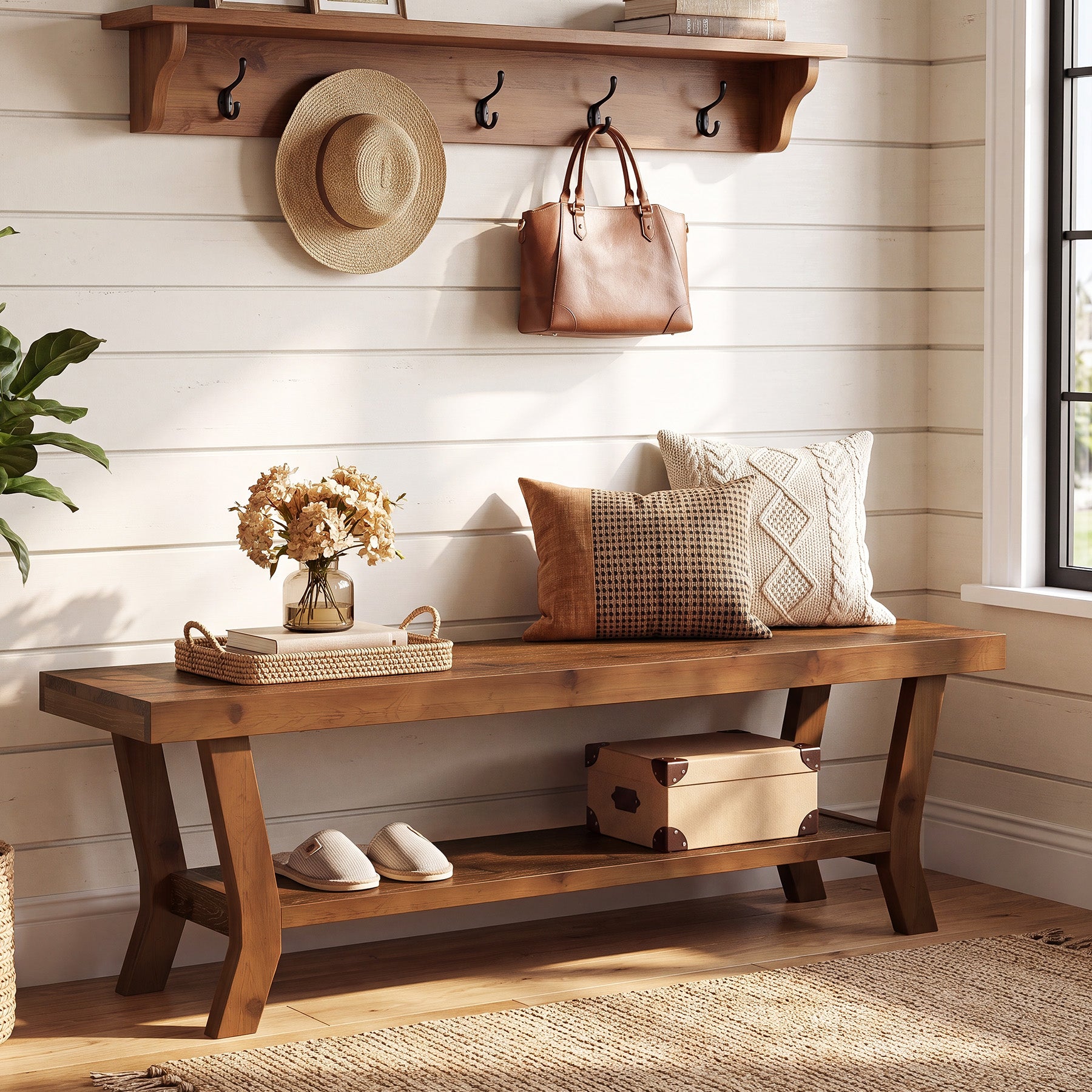 55-Inch Solid Wood Entryway Bench with Lower Shoe Shelf, Farmhouse Seat for Hallway