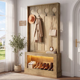 69.7" Hall Tree with Shoe Storage, Rattan Coat Rack with LED Light, 4 Hooks for Hallway 3
