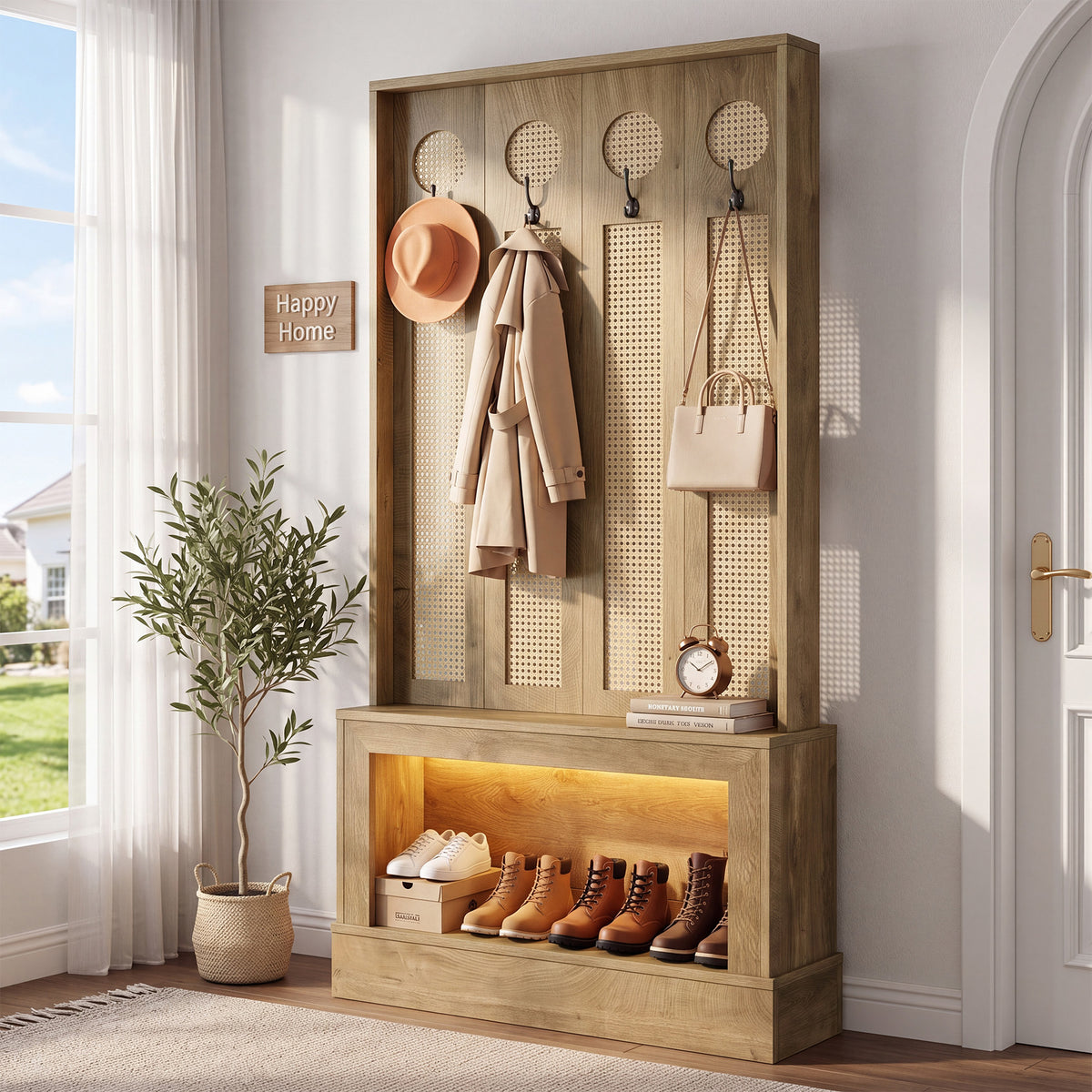 69.7" Hall Tree with Shoe Storage, Rattan Coat Rack with LED Light, 4 Hooks for Hallway