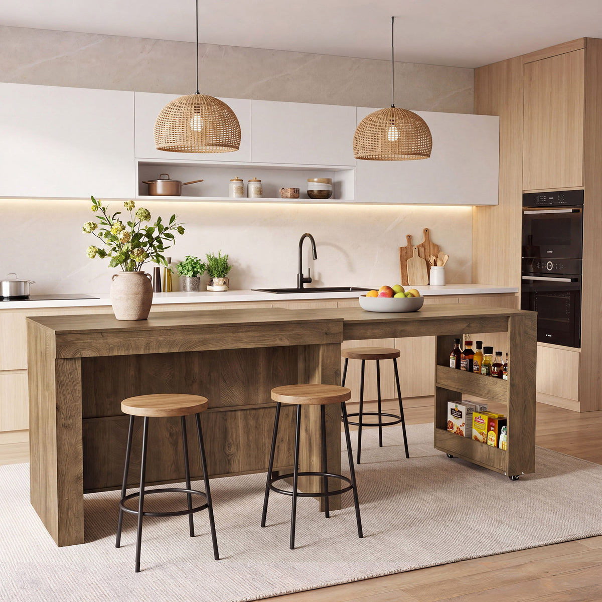 47-85" Extendable Kitchen Island for 2-4, Stationary Storage Island with Open Shelves