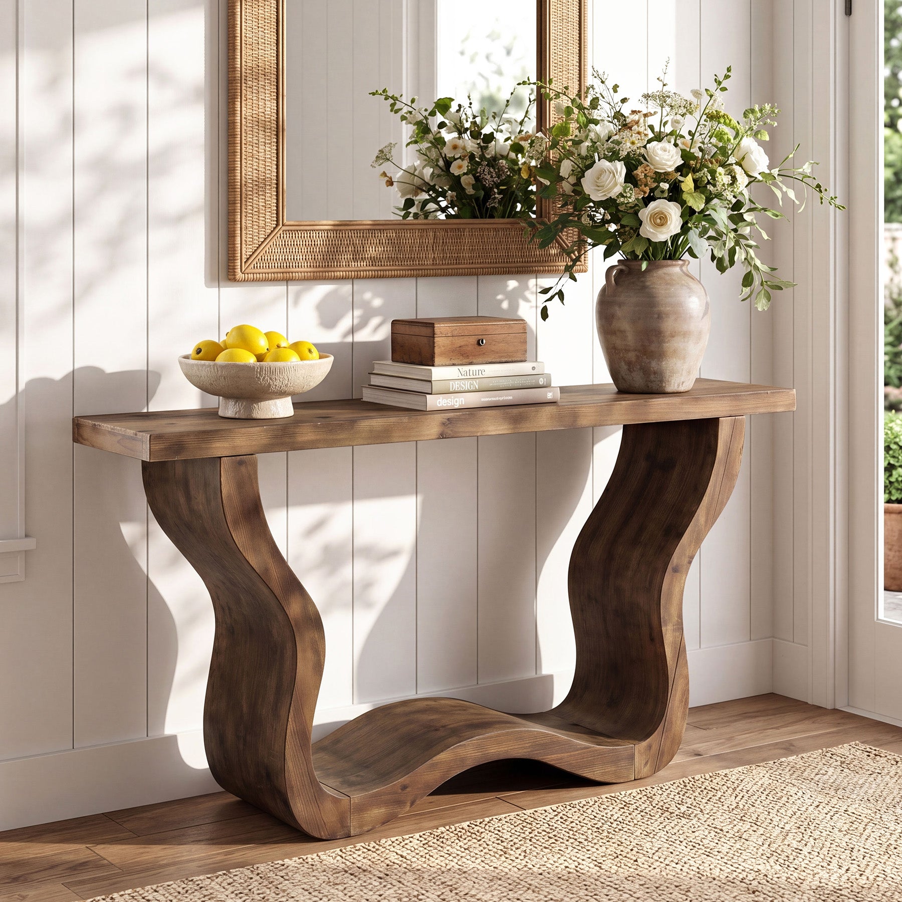 55" Solid Wood Farmhouse Console Table, Artistic Entryway Sofa Table for Hallway & Living Room