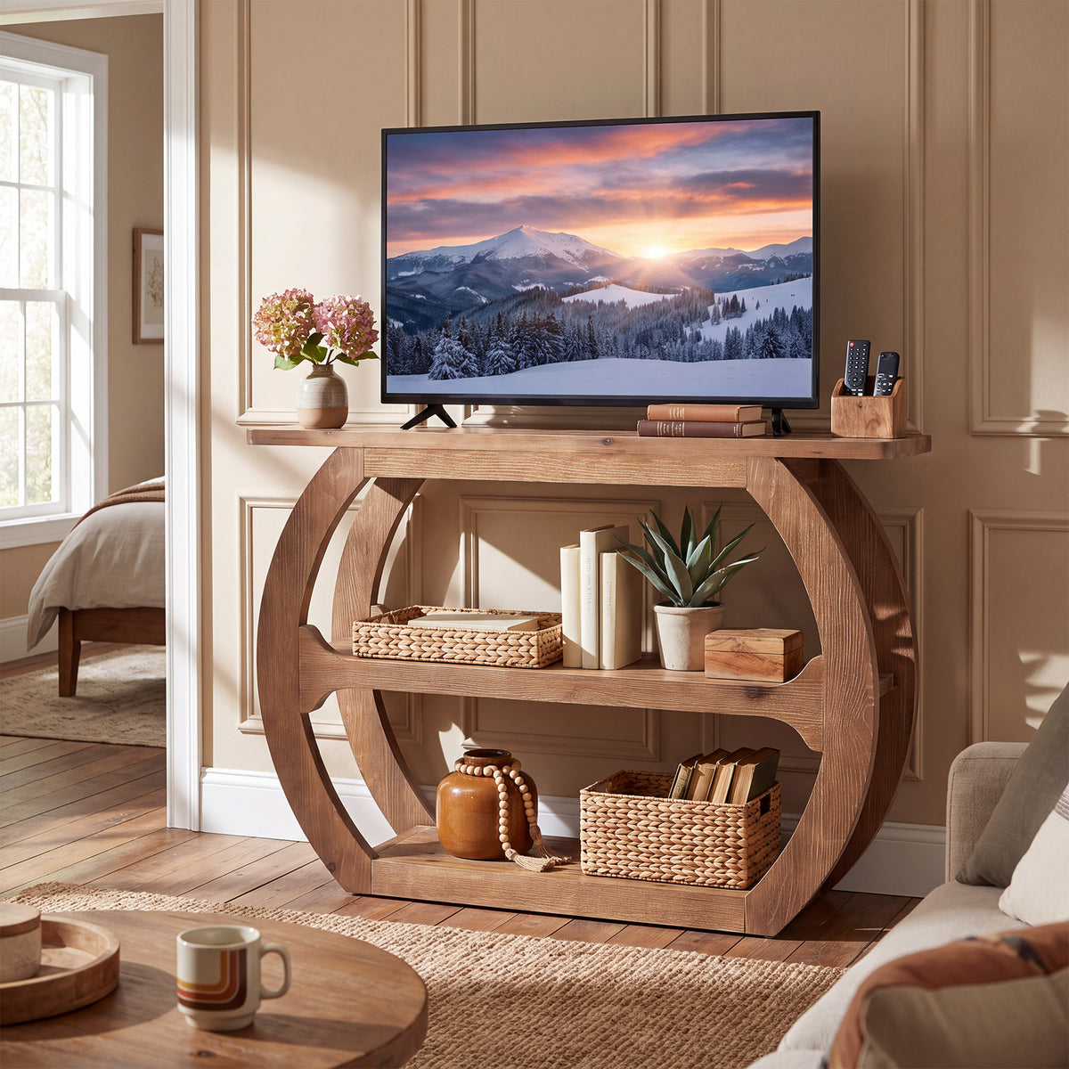 41" Farmhouse TV Stand for 55" TV, 3-Tier Solid Wood Small Entertainment Center, TV Console
