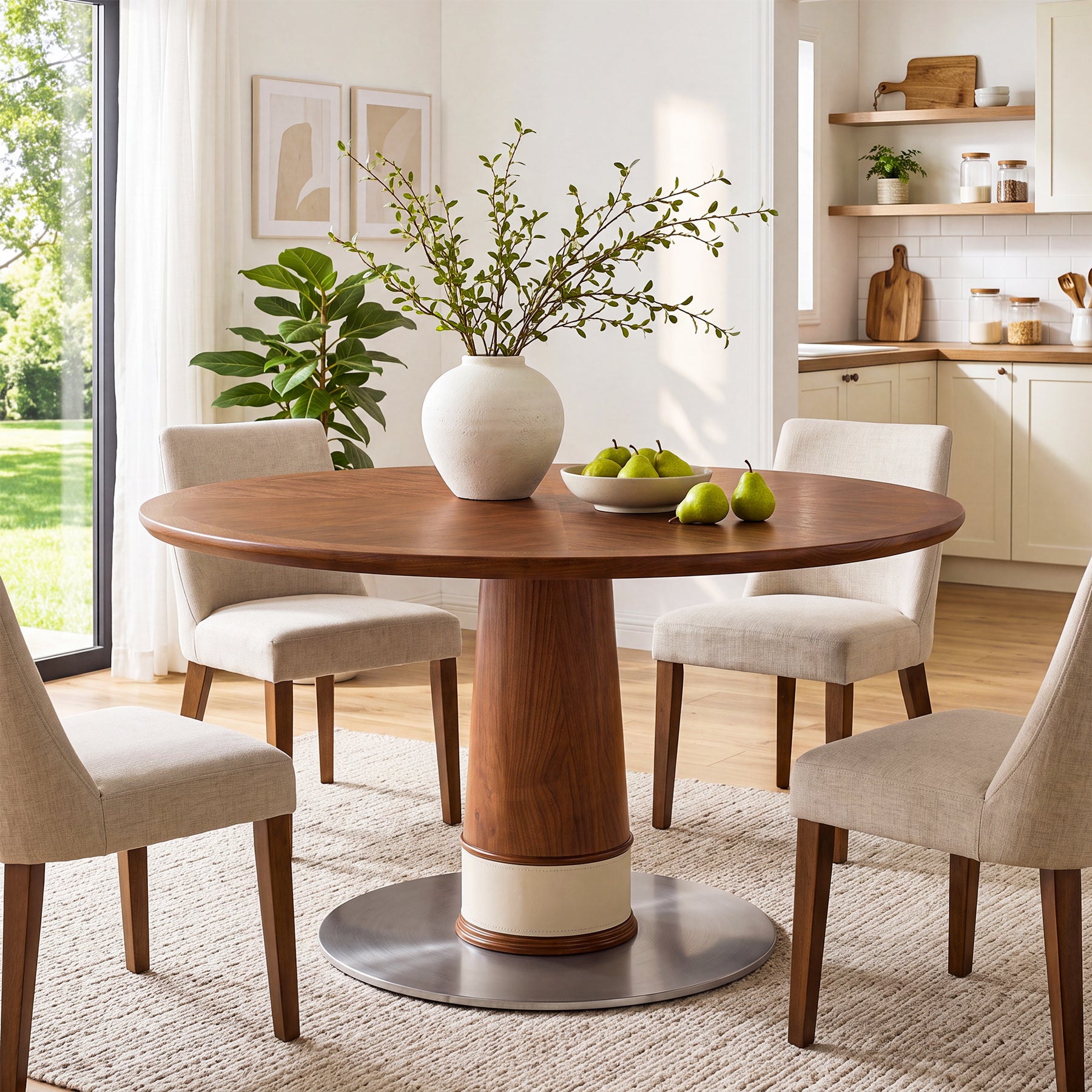 47" Round Dining Table for 4-6, Solid Wood Mid-Century Modern Kitchen Table, Stainless Steel Pedestal Base