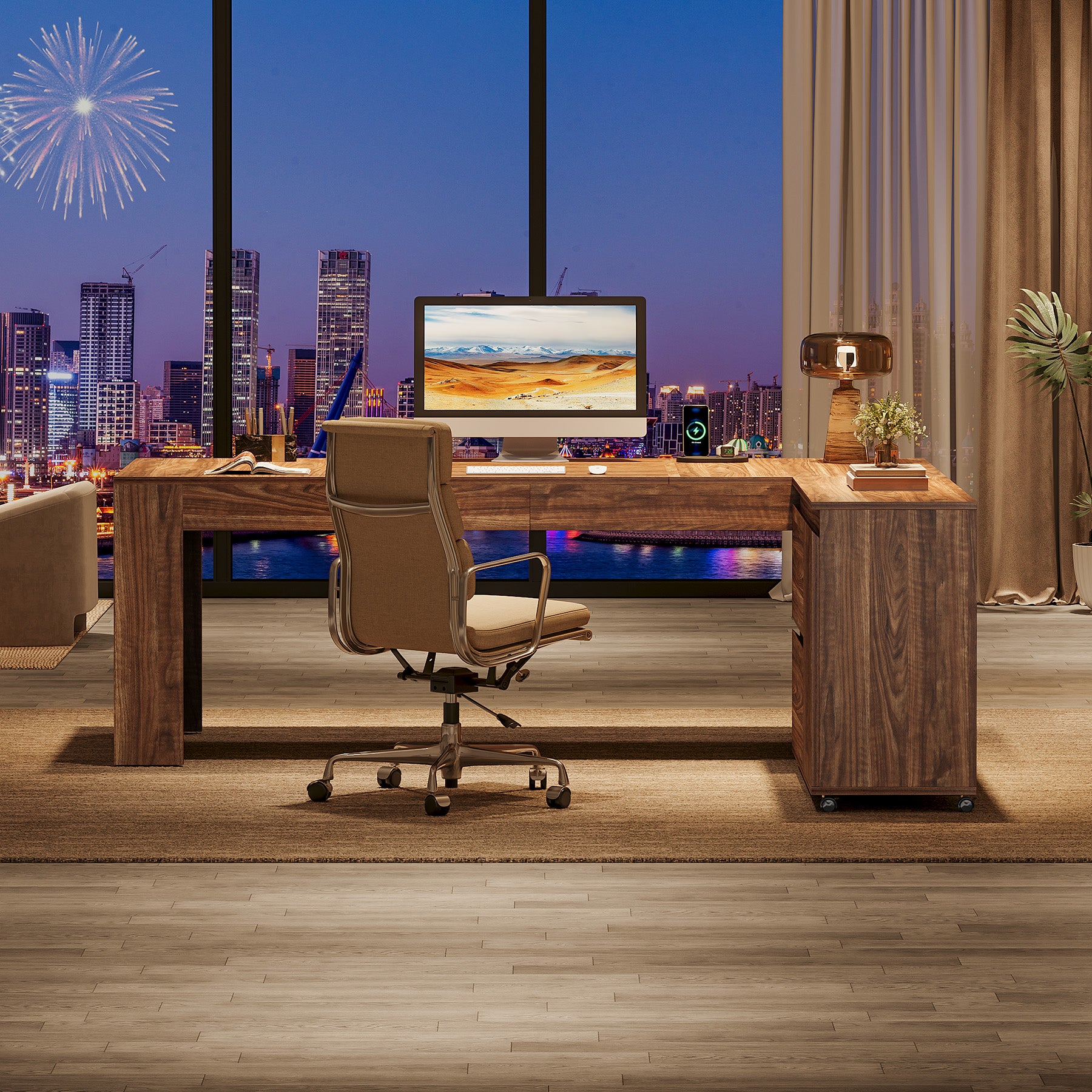 L-Shaped Executive Desk, 70.86" Computer Office Desk with 39.37" Mobile File Cabinet