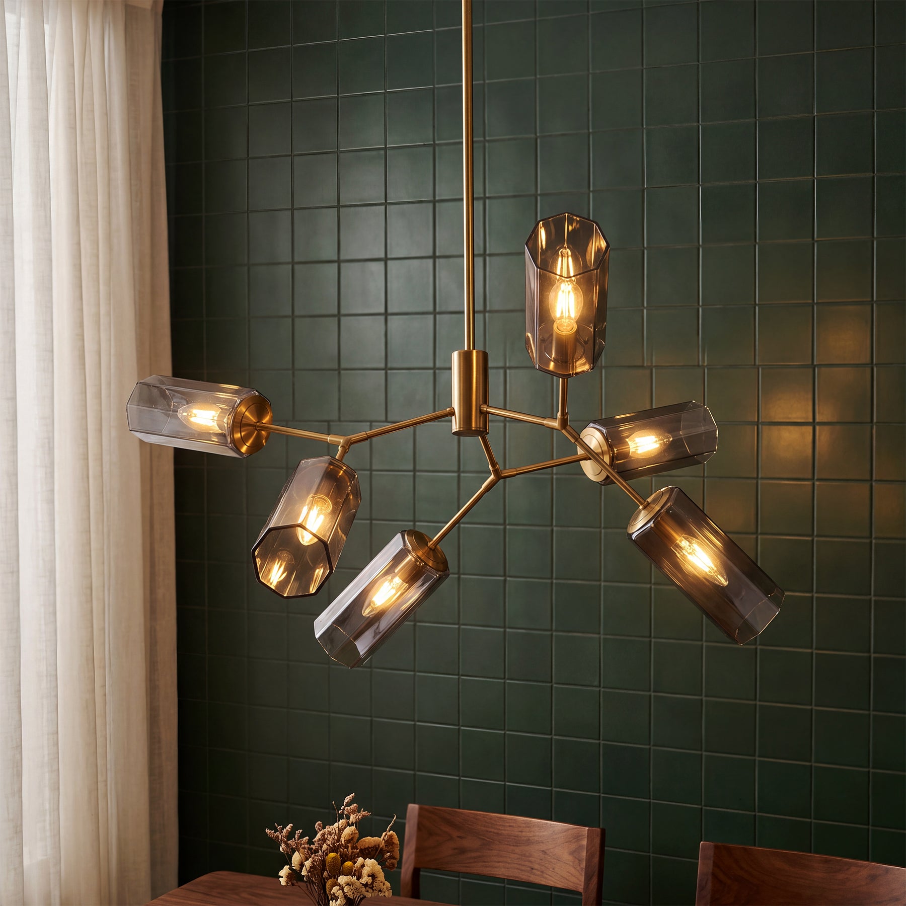 6-Light Branch Chandelier, Modern Adjustable-Height Pendant Lighting with Smoky Grey Glass